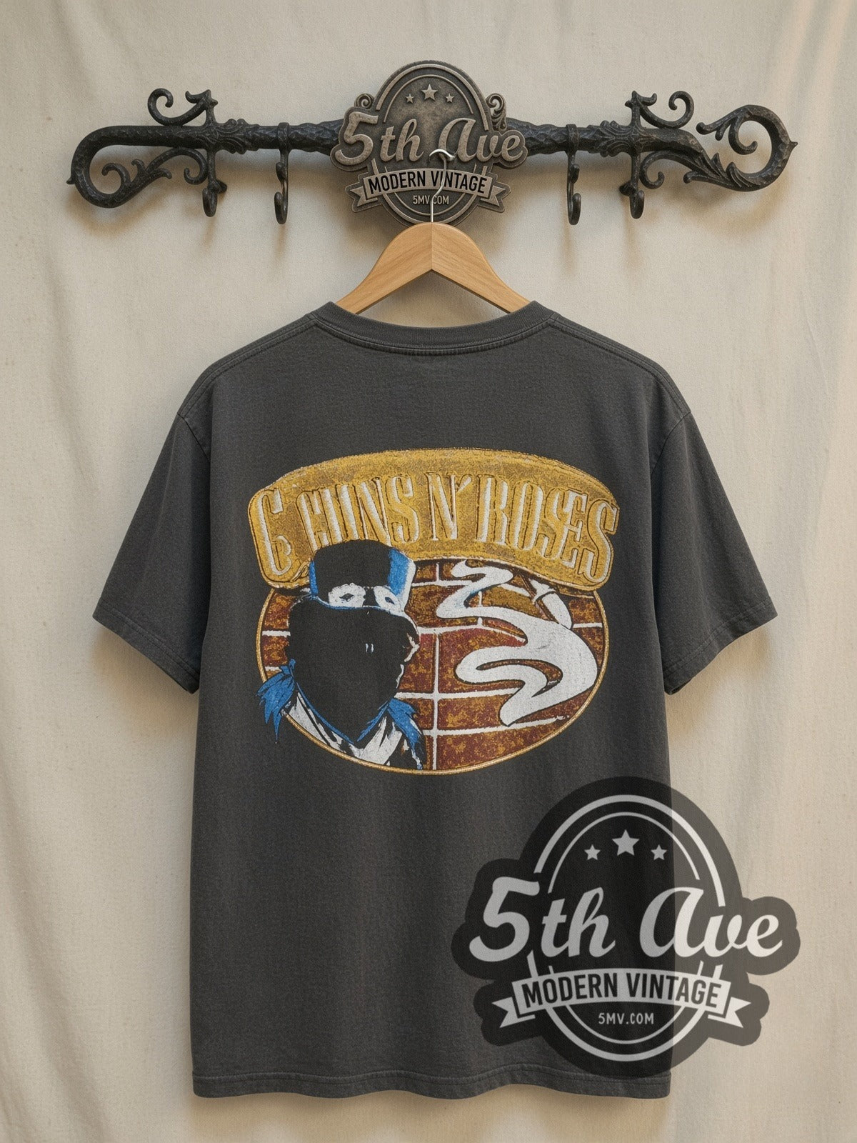 Guns N' Roses Retro Band Illustration vintage band t-shirt, back view on the 5MV rack