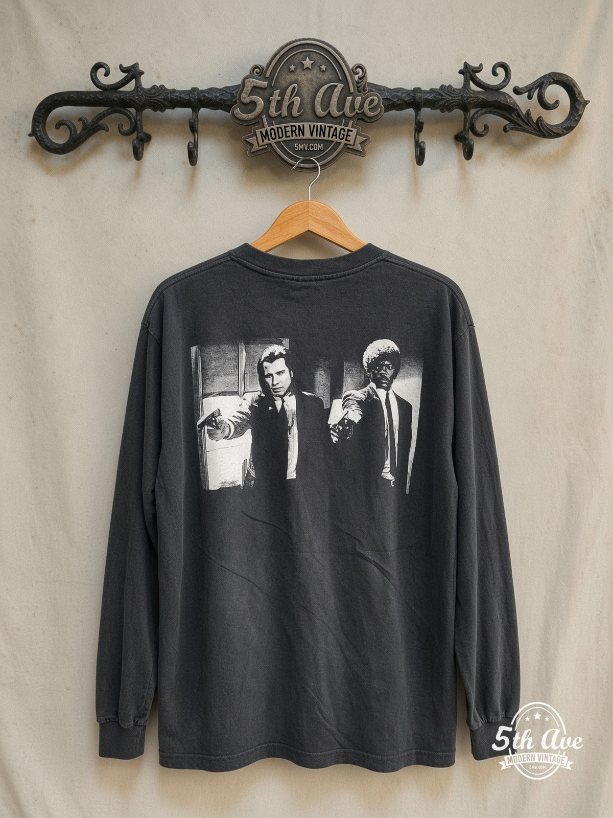 Pulp Fiction - Long Sleeve Vintage Reprint Movie T-Shirt — back on locked cream ornate 5th Ave rack