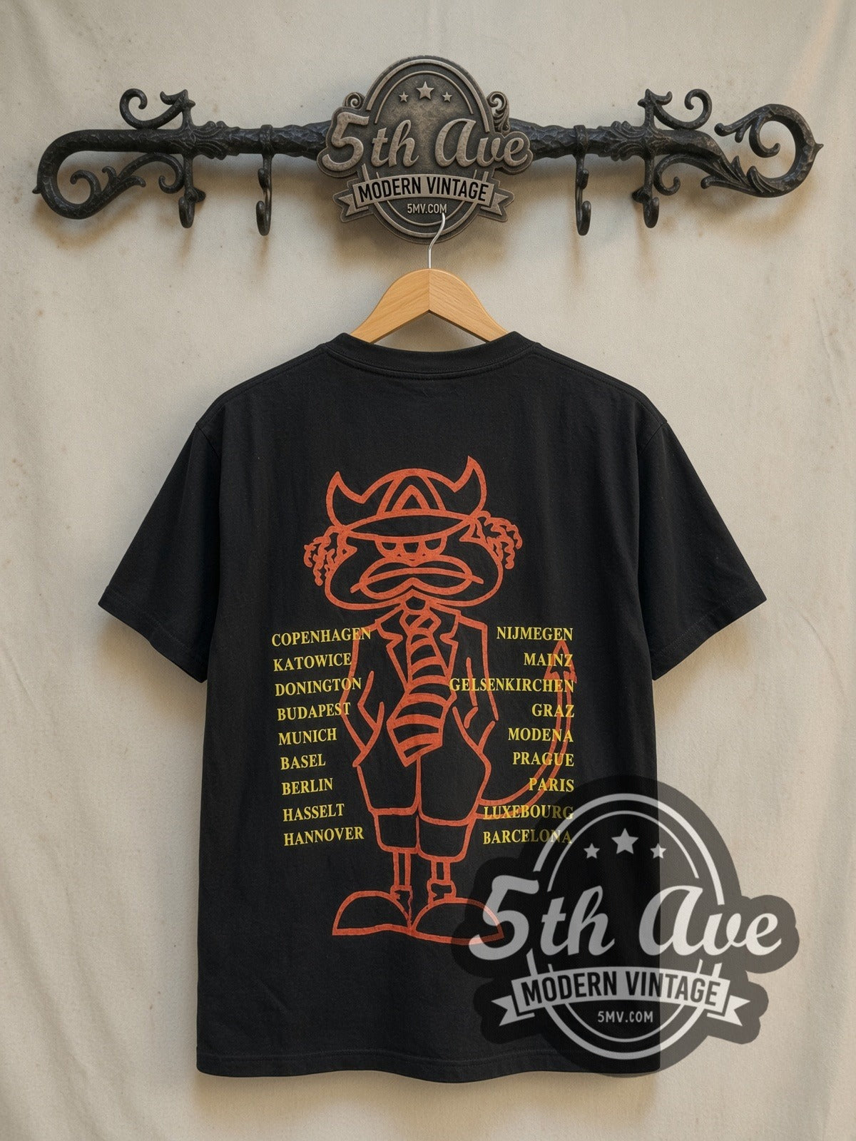 AC/DC Are You Ready? European Tour vintage band t-shirt in black, back view on a display rack