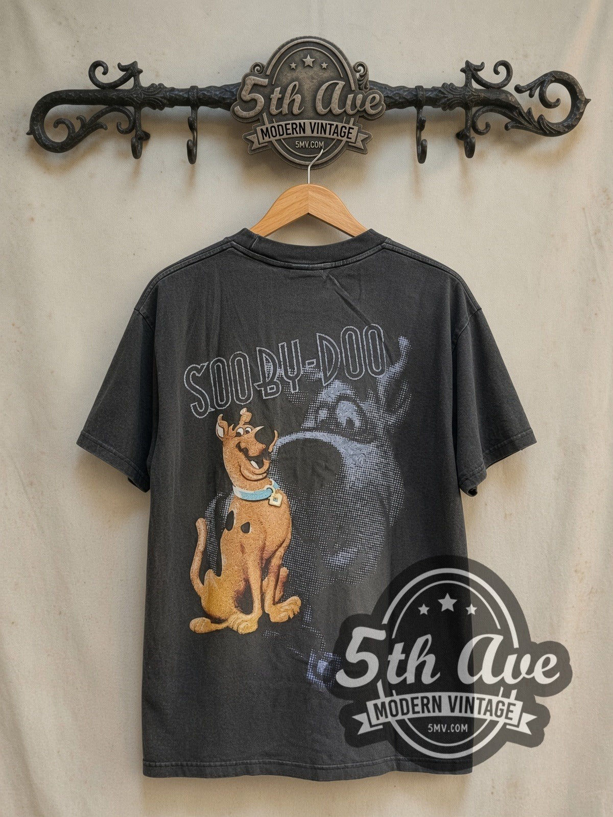 Scooby-Doo Where Are You? Ruh-Roh! vintage cartoon tee in black, back view on a display rack