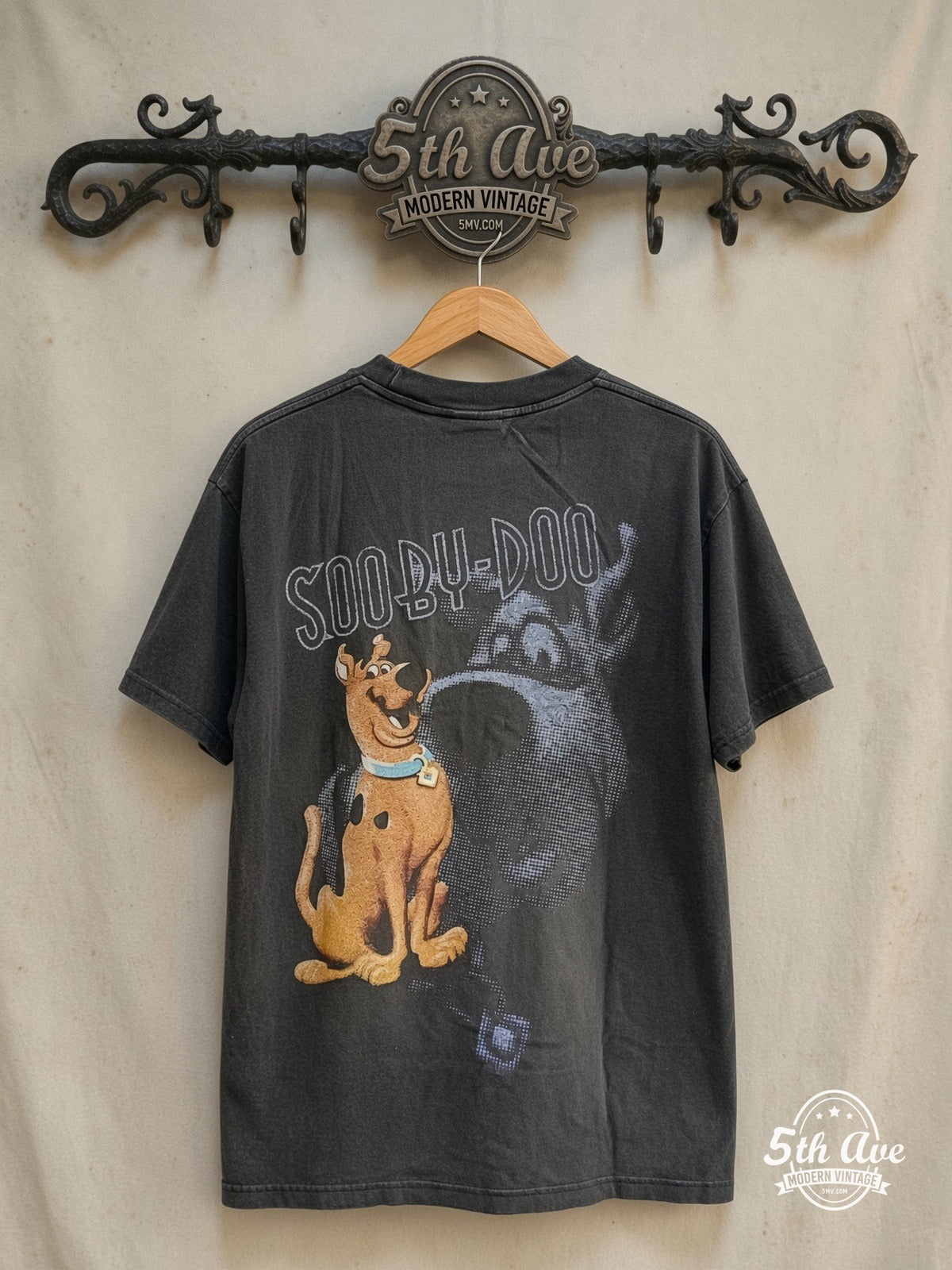 Scooby-Doo – Where Are You? Ruh-Roh! – New Vintage Graphic Tee — back on locked cream ornate 5th Ave rack