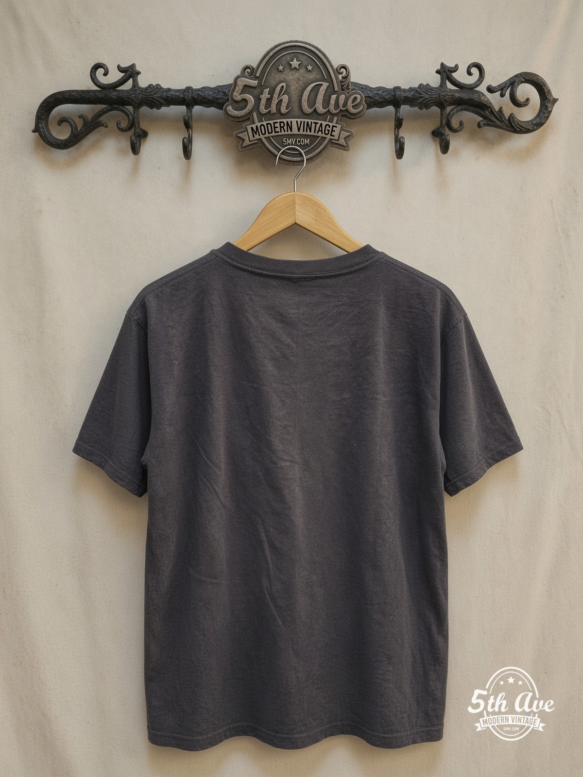 AC/DC – Back in Black t shirt – Vintage Band T-Shirt — back on locked cream ornate 5th Ave rack