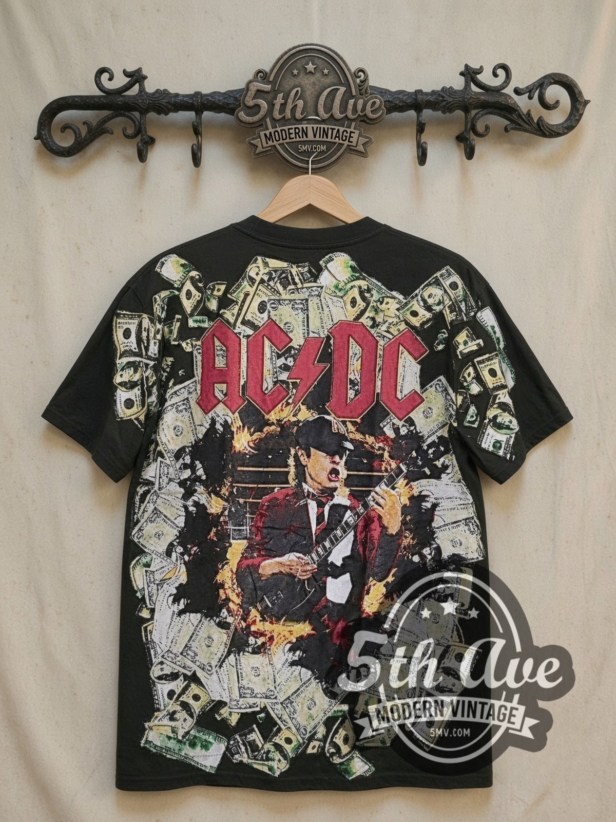AC/DC Angus Young Shreds all-over-print vintage band t-shirt, back view on the 5MV rack