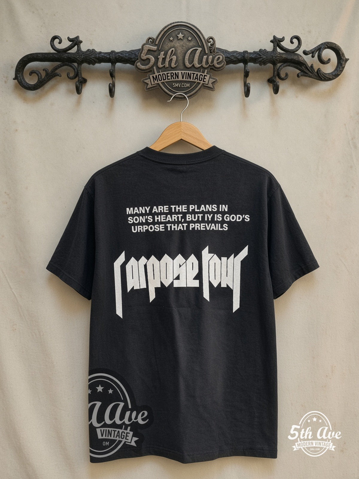 Justin Bieber – Purpose World Tour – Vintage Band T-Shirt — back on locked cream ornate 5th Ave rack