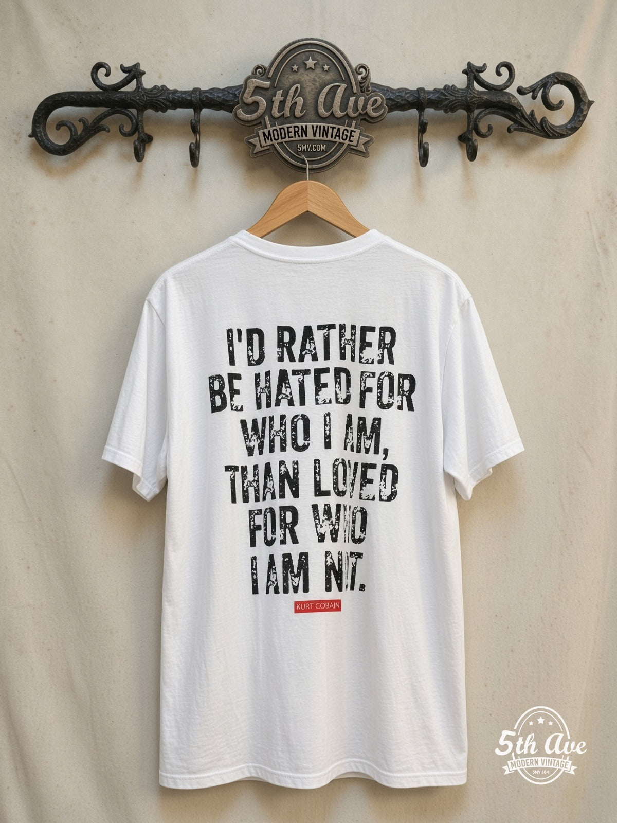 Kurt Cobain – Rather Be Hated Than Loved – Vintage Band T-Shirt — back on locked cream ornate 5th Ave rack