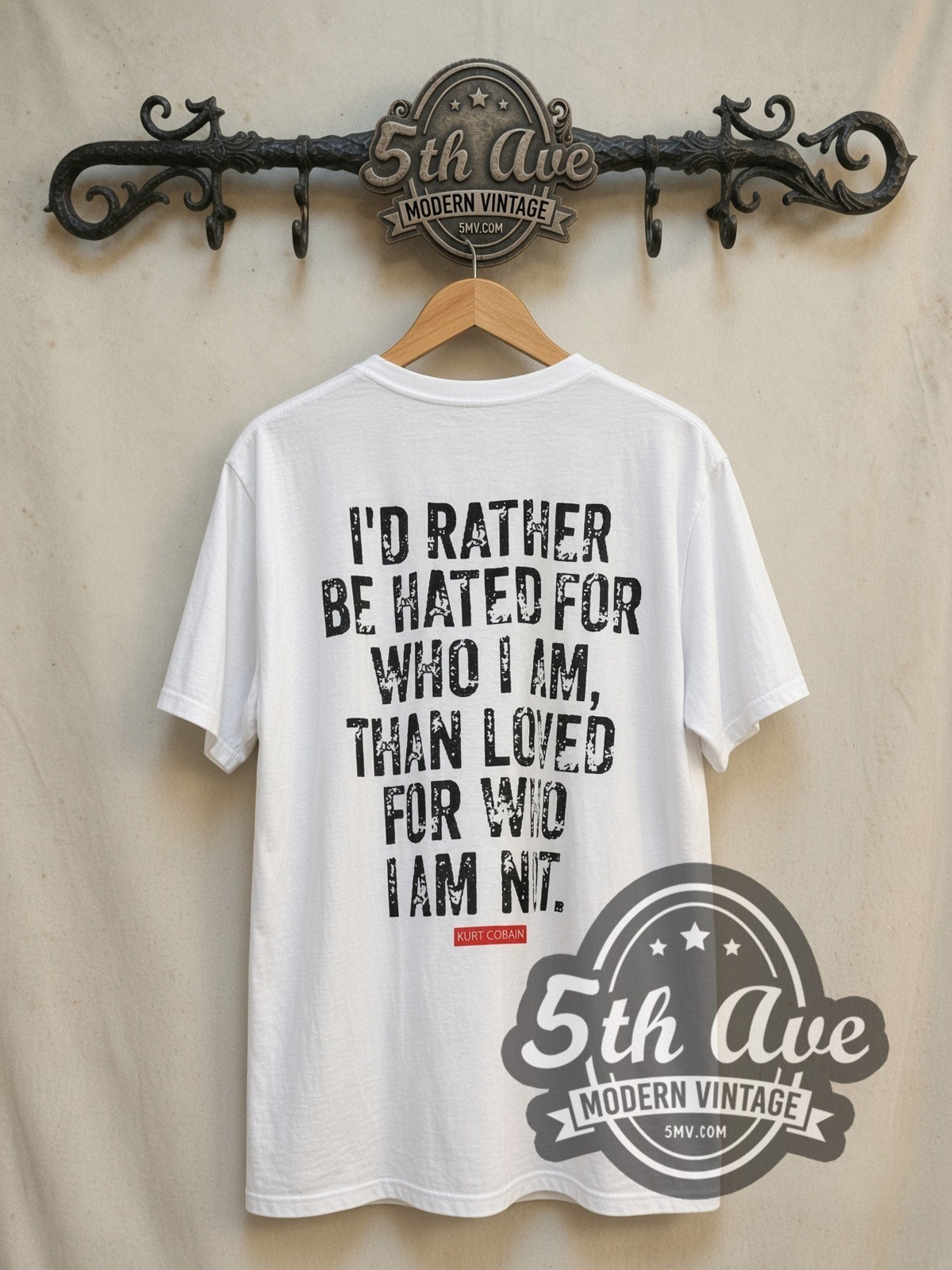 Kurt Cobain Rather Be Hated Than Loved vintage band t-shirt, back view on the 5MV rack