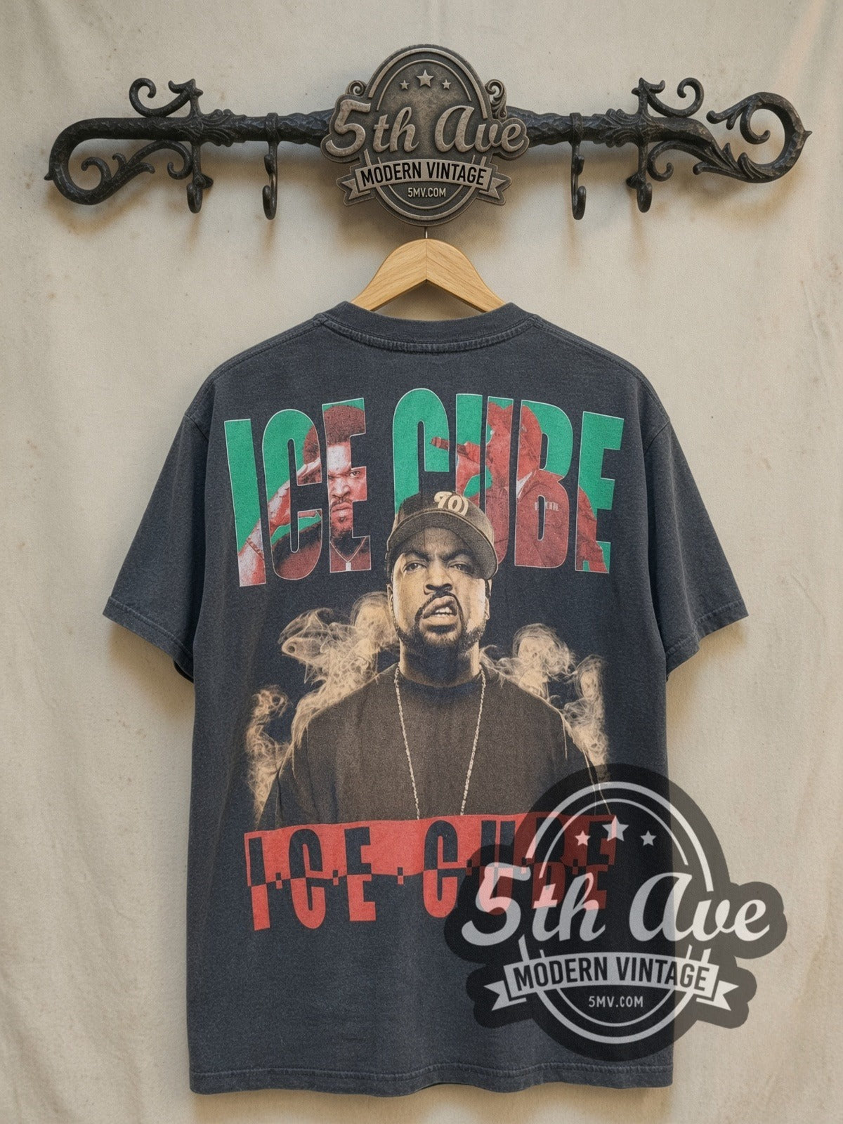 Ice Cube vintage band t-shirt, back view on a display rack