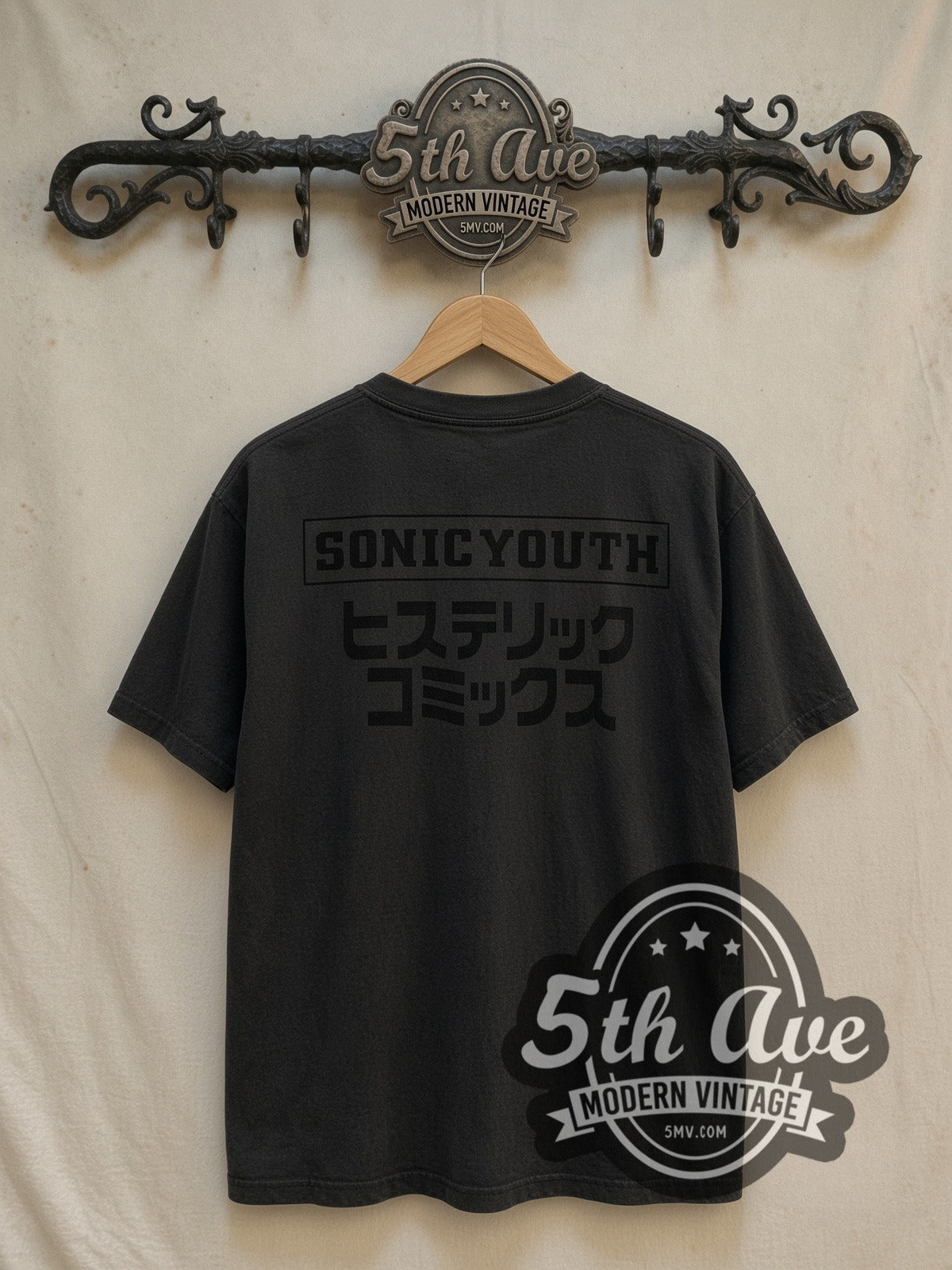 Sonic Youth Anime Manga vintage band t-shirt in red, back view on a display rack