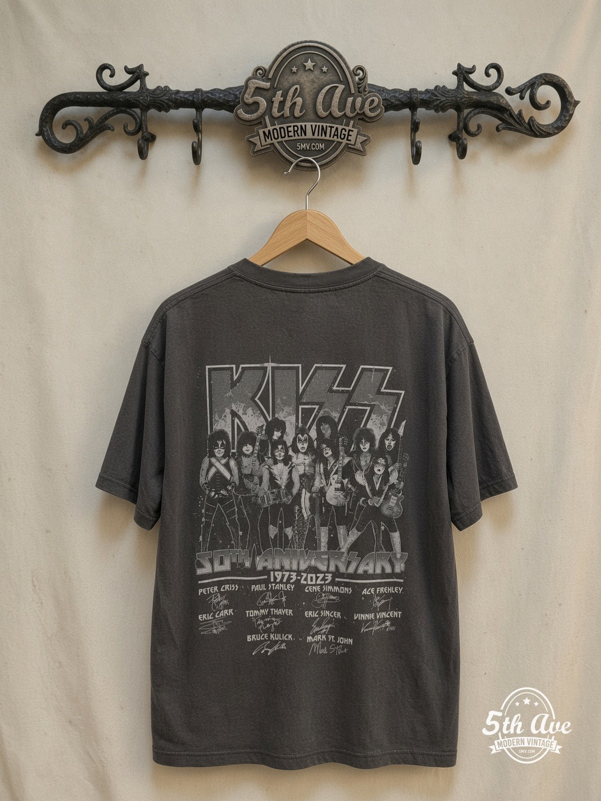 KISS – 50th Anniversary – Vintage Band T-Shirt — back on locked cream ornate 5th Ave rack