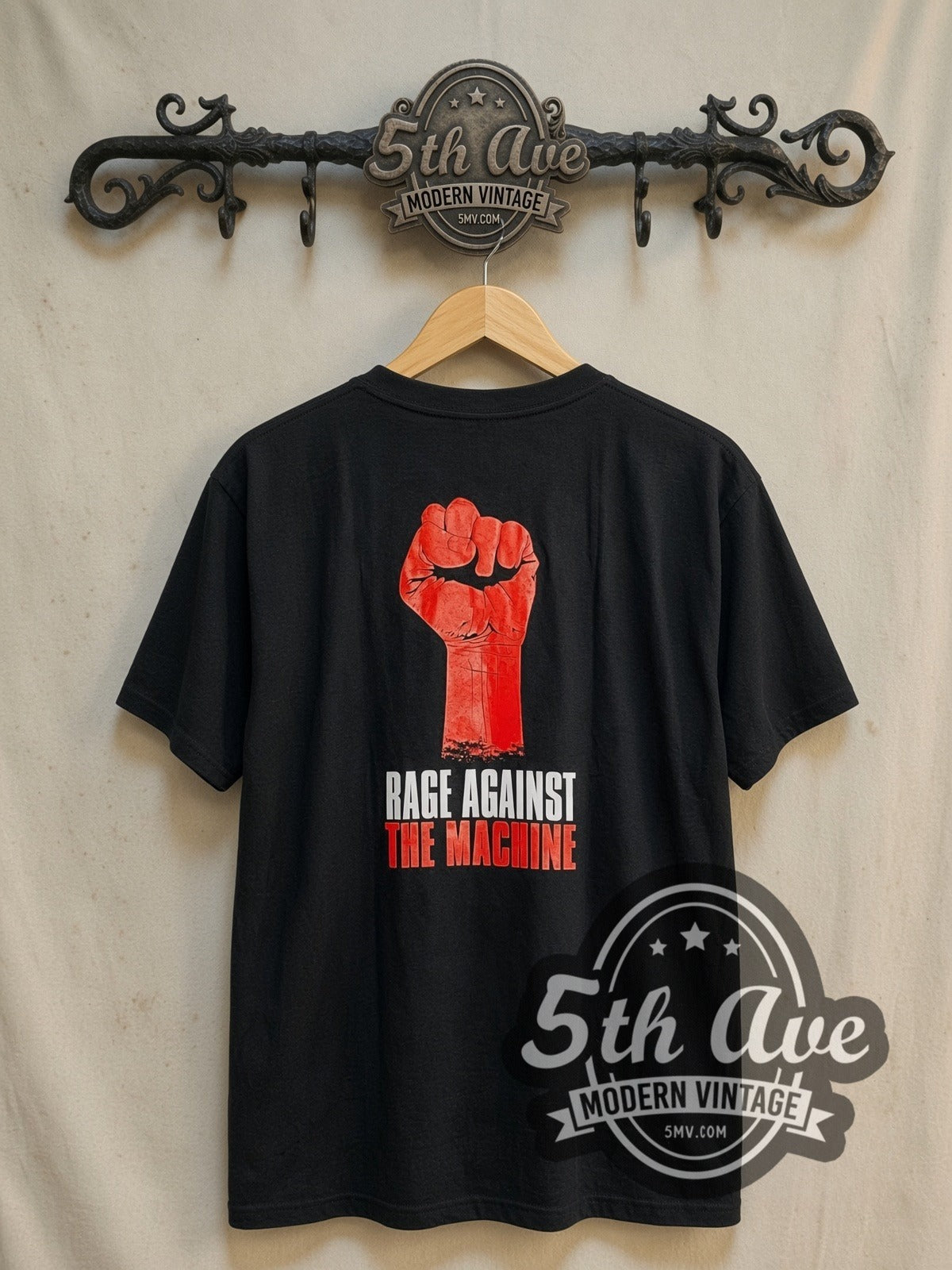 Rage Against the Machine Evil Empire Boy Yellow Logo vintage band t-shirt, back view on the 5MV rack