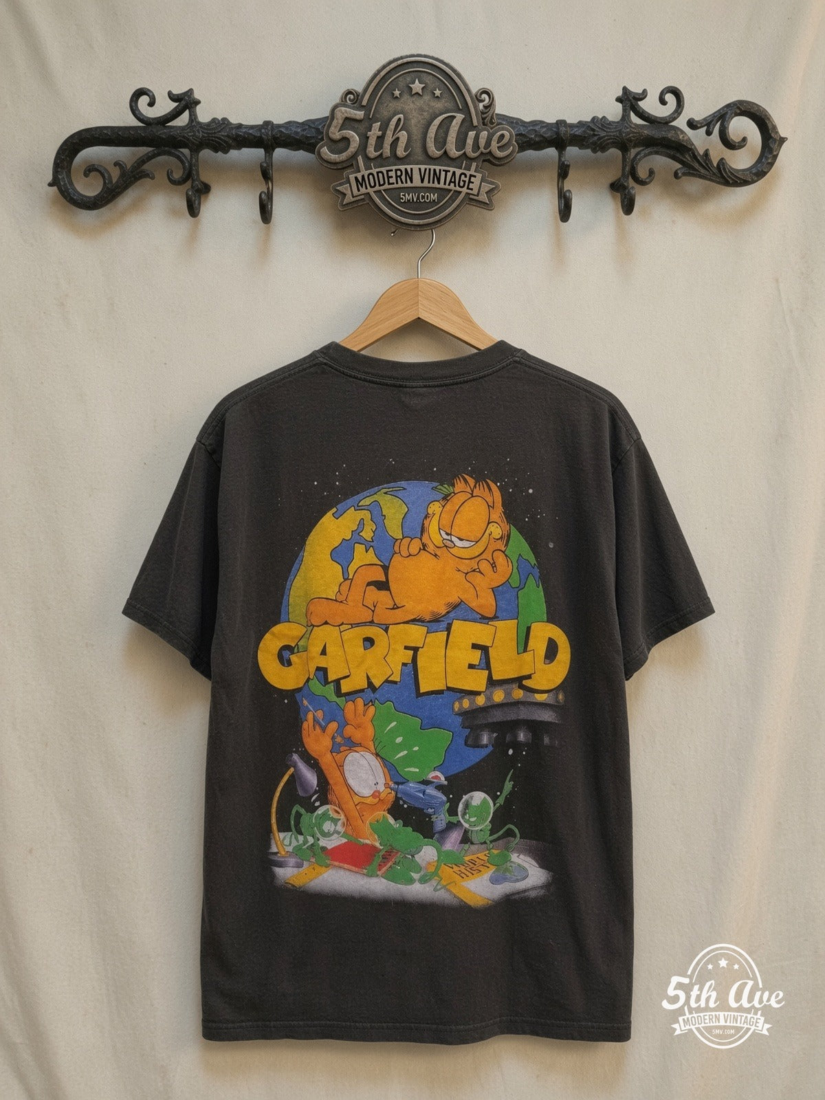 Garfield Aliens Single Stitch t shirt — back on locked cream ornate 5th Ave rack