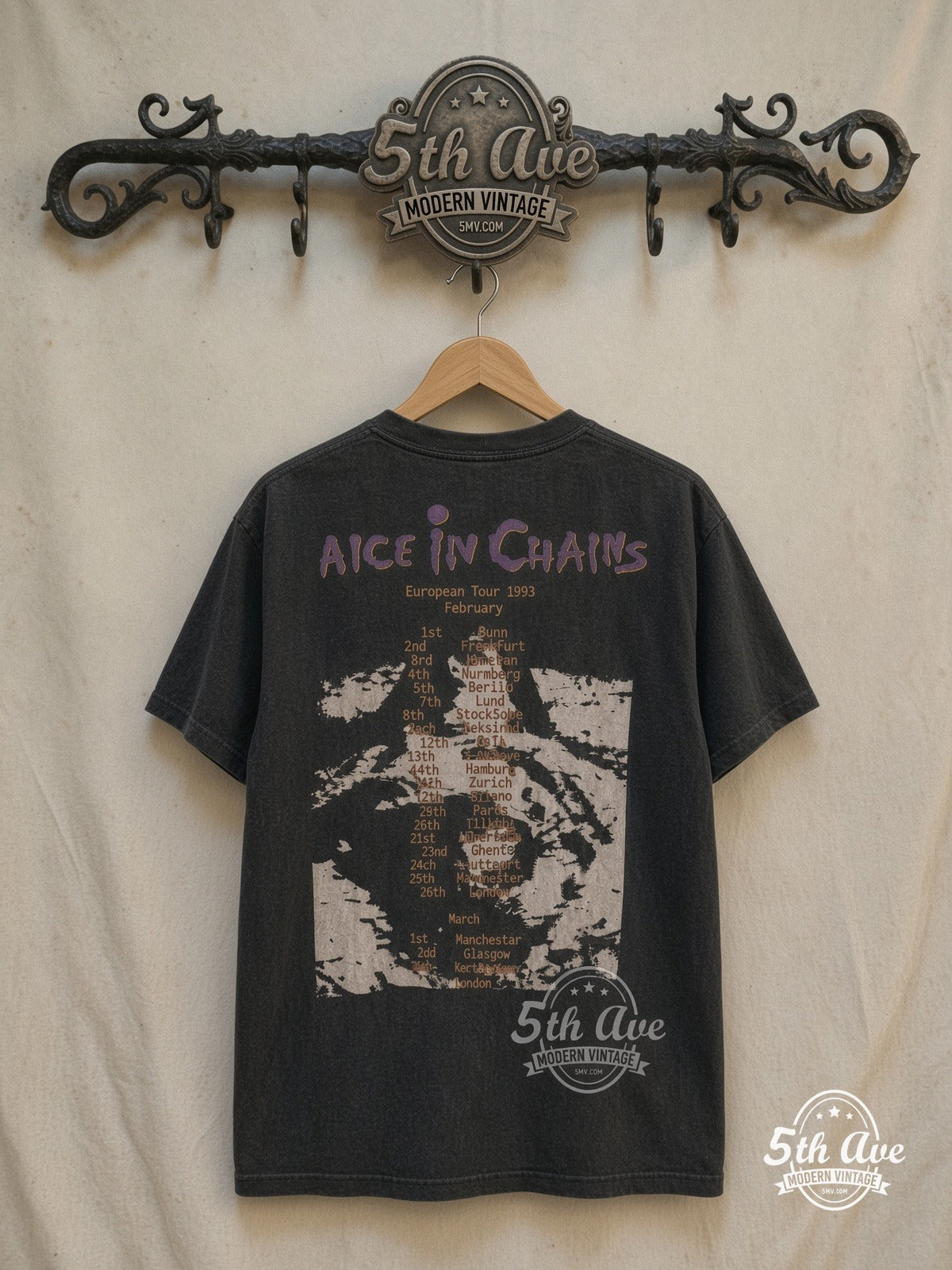 Alice In Chains – European Tour 1993 – Vintage Band T-Shirt — back on locked cream ornate 5th Ave rack
