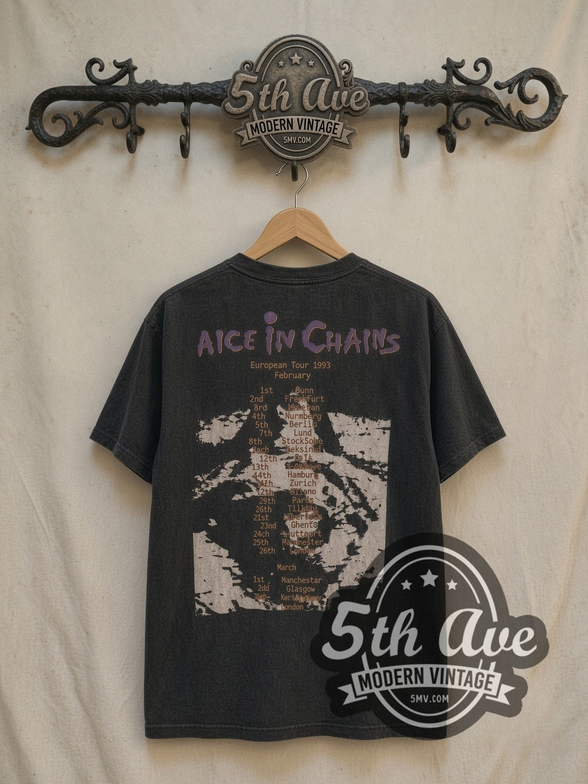 Alice In Chains European Tour 1993 vintage band t-shirt in black, back view on a display rack