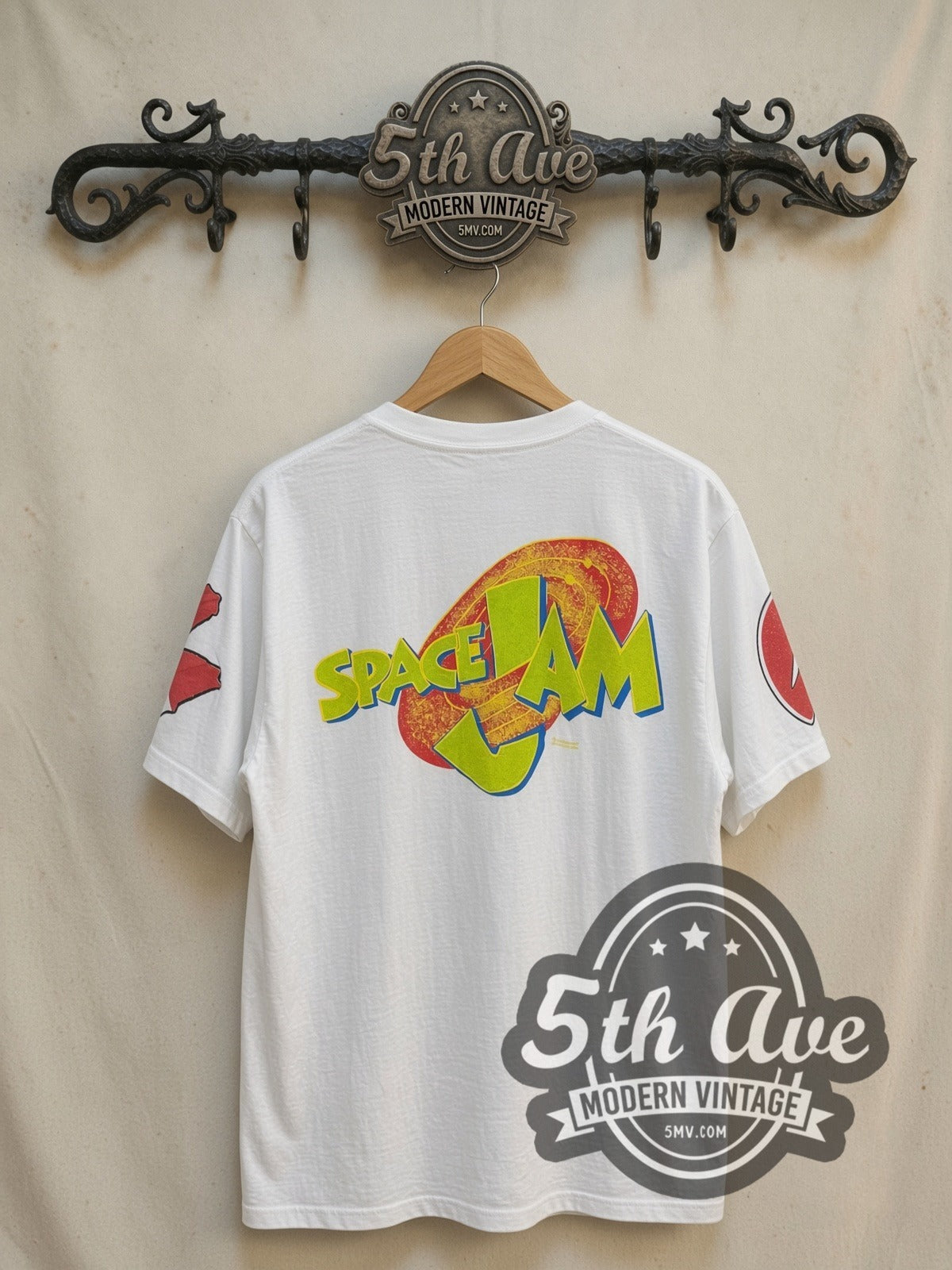 Bugs Bunny Space Jam all-over-print vintage cartoon tee, back view on a display rack