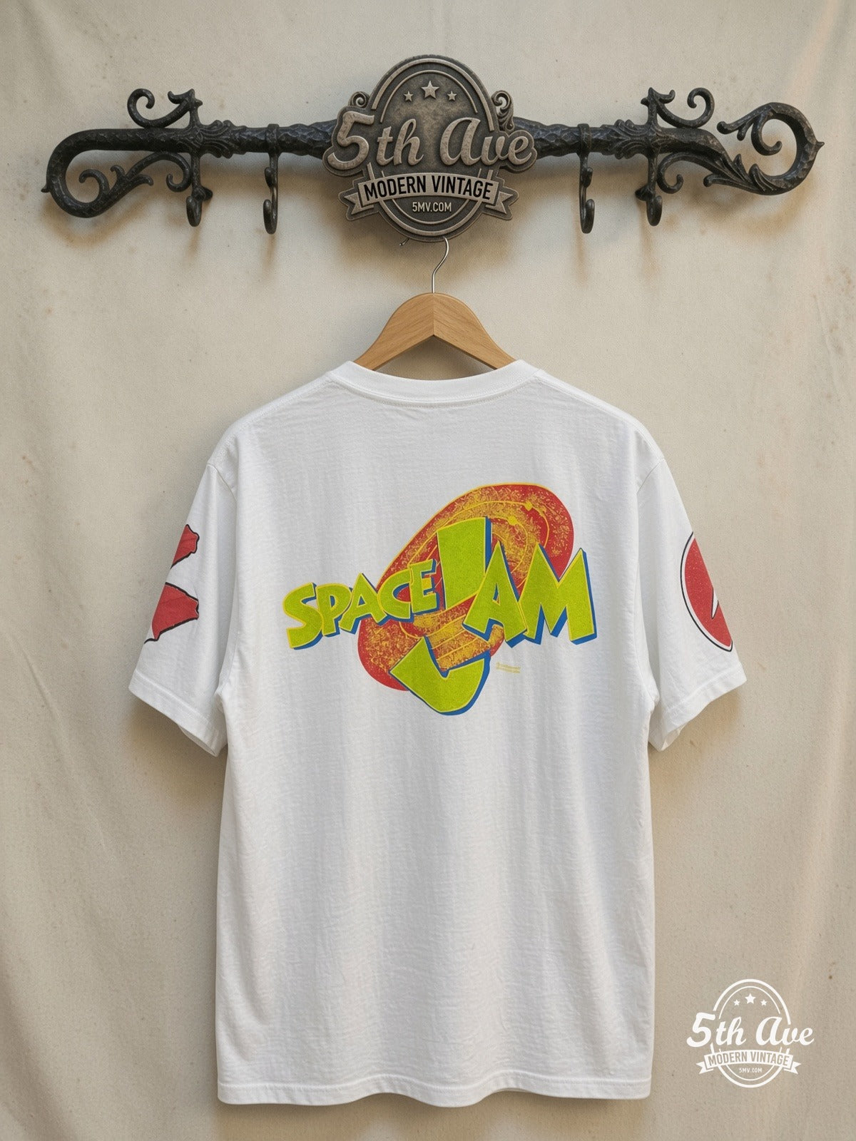 Bugs Bunny – Bugs Bunny Space Jam – All Over Print – New Vintage Graphic Tee — back on locked cream ornate 5th Ave rack