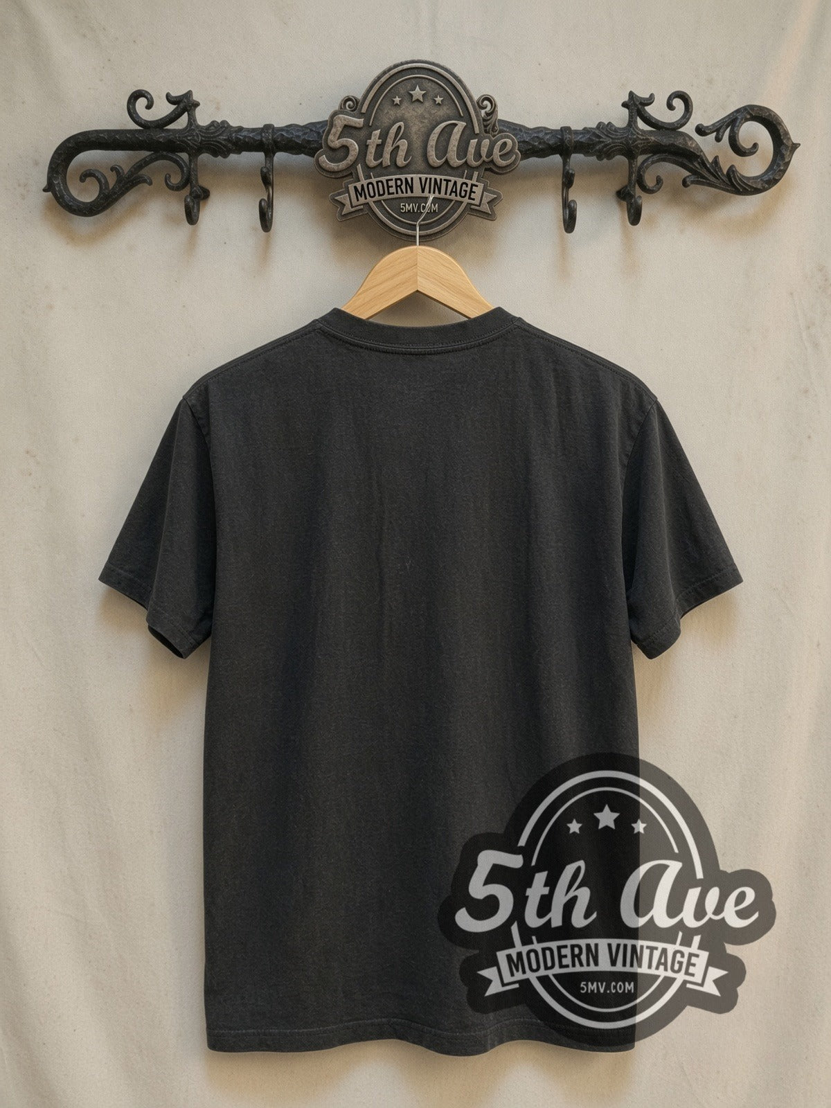Neil Young Acoustic Guitar Bass Case Portrait vintage band t-shirt, back view on a display rack