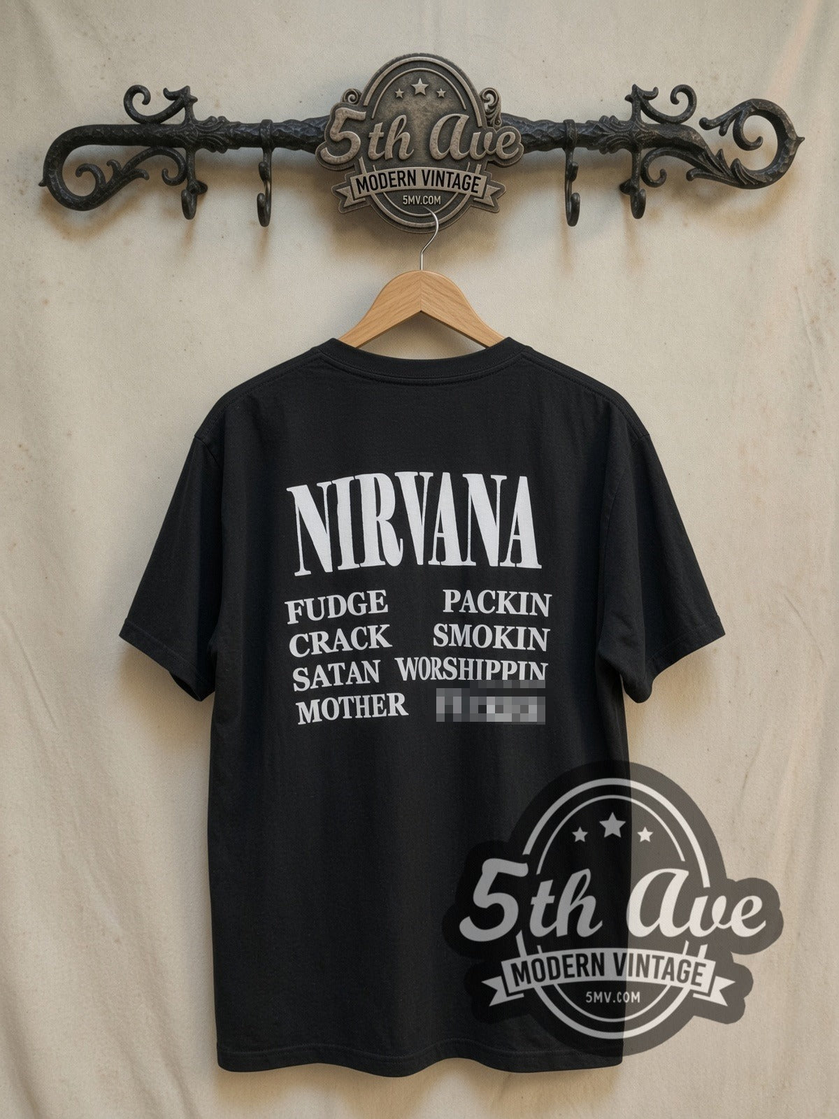 Nirvana Grunge Is Dead all-over-print vintage band t-shirt, back view on the 5MV rack