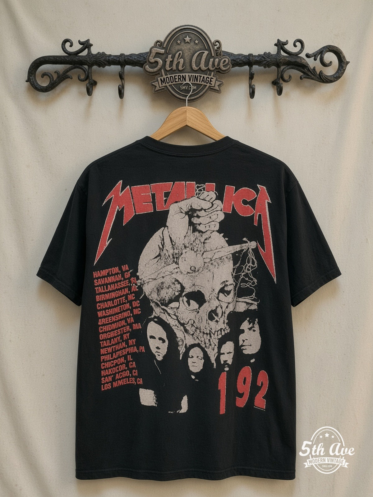 Metallica – 1992 Concert Tour – Vintage Band T-Shirt — back on locked cream ornate 5th Ave rack