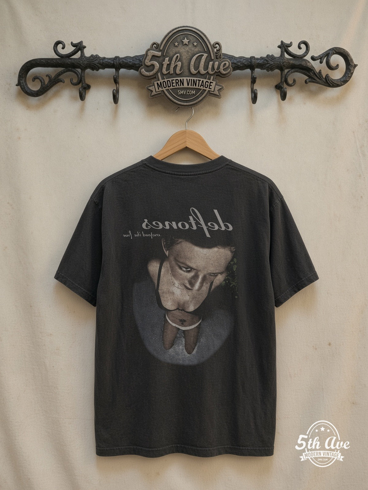Deftones – Around the Fur Blue Logo Album Cover – Vintage Band T-Shirt — back on locked cream ornate 5th Ave rack