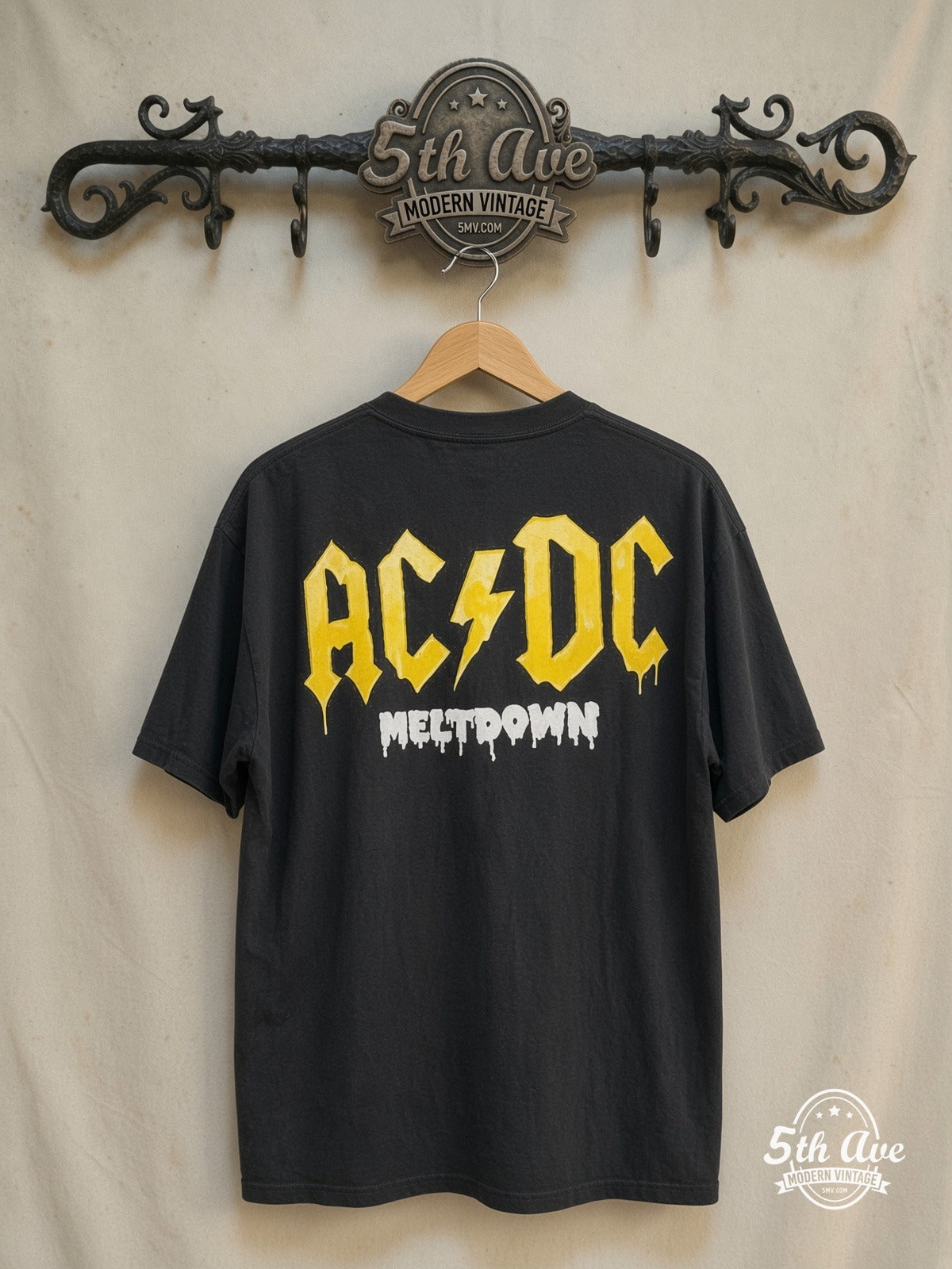 AC/DC – Meltdown – Vintage Band T-Shirt — back on locked cream ornate 5th Ave rack
