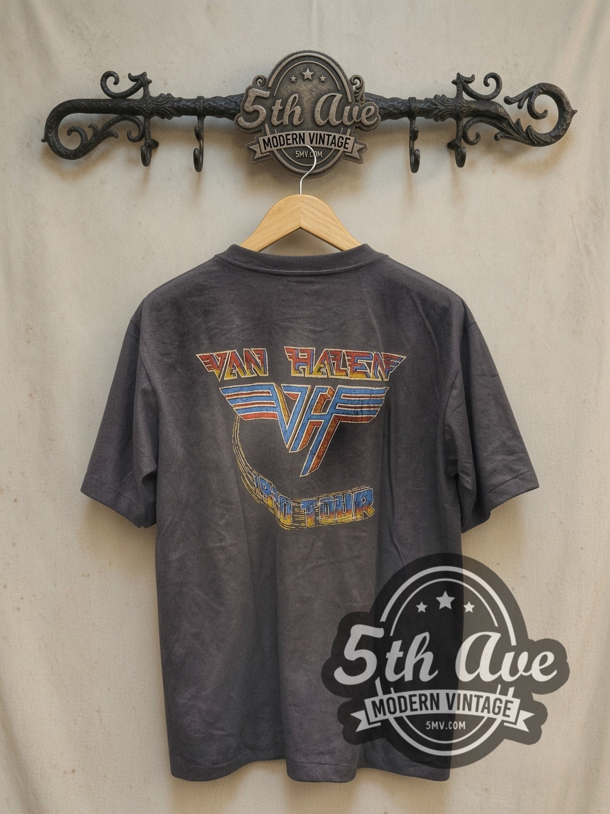 Van Halen Bulls Legends vintage band t-shirt, back view on a display rack