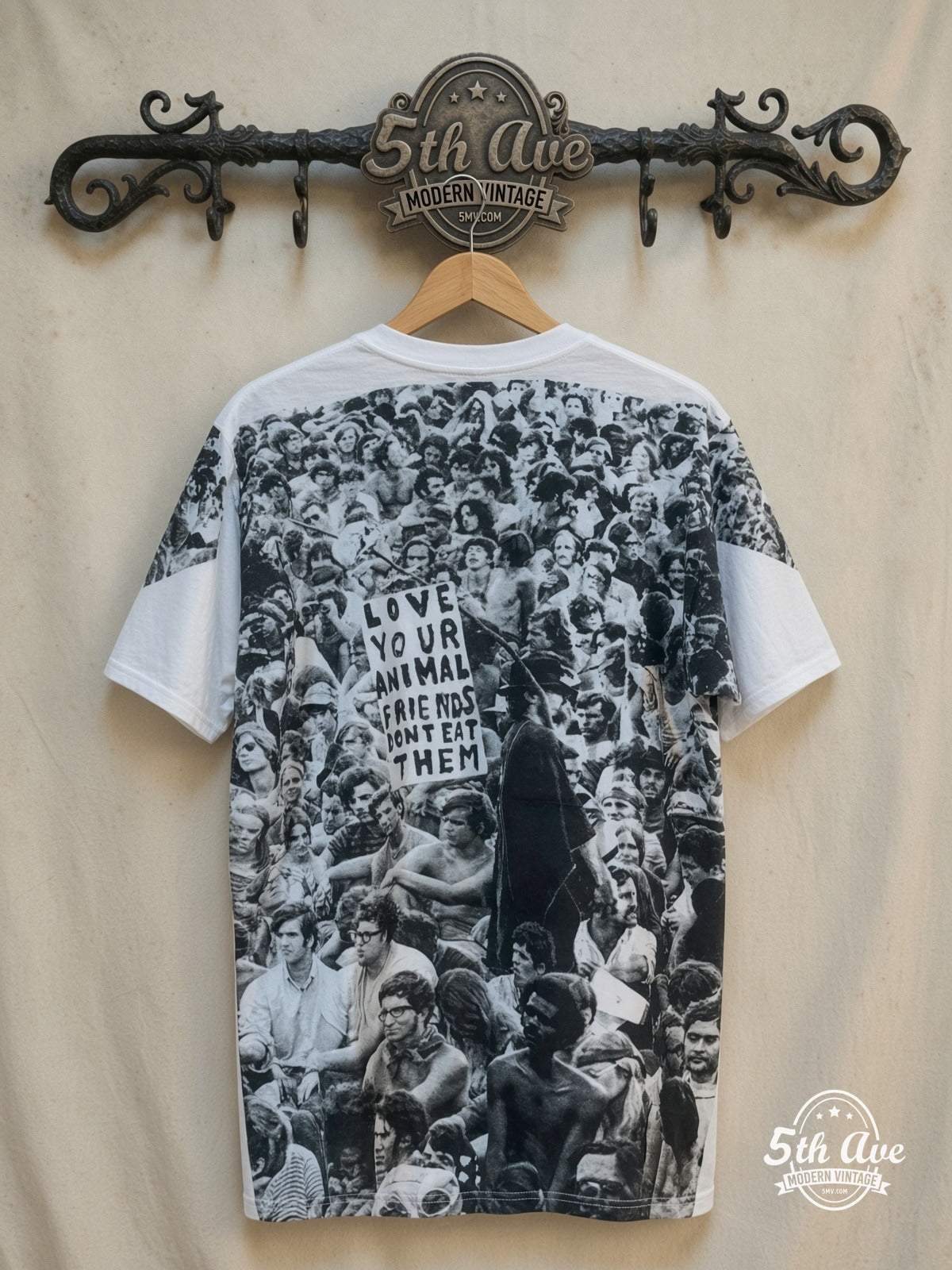 Woodstock – Love Your Animal Friends, Don't Eat Them – All Over Print – Vintage Graphic Tee — back on locked cream ornate 5th Ave rack