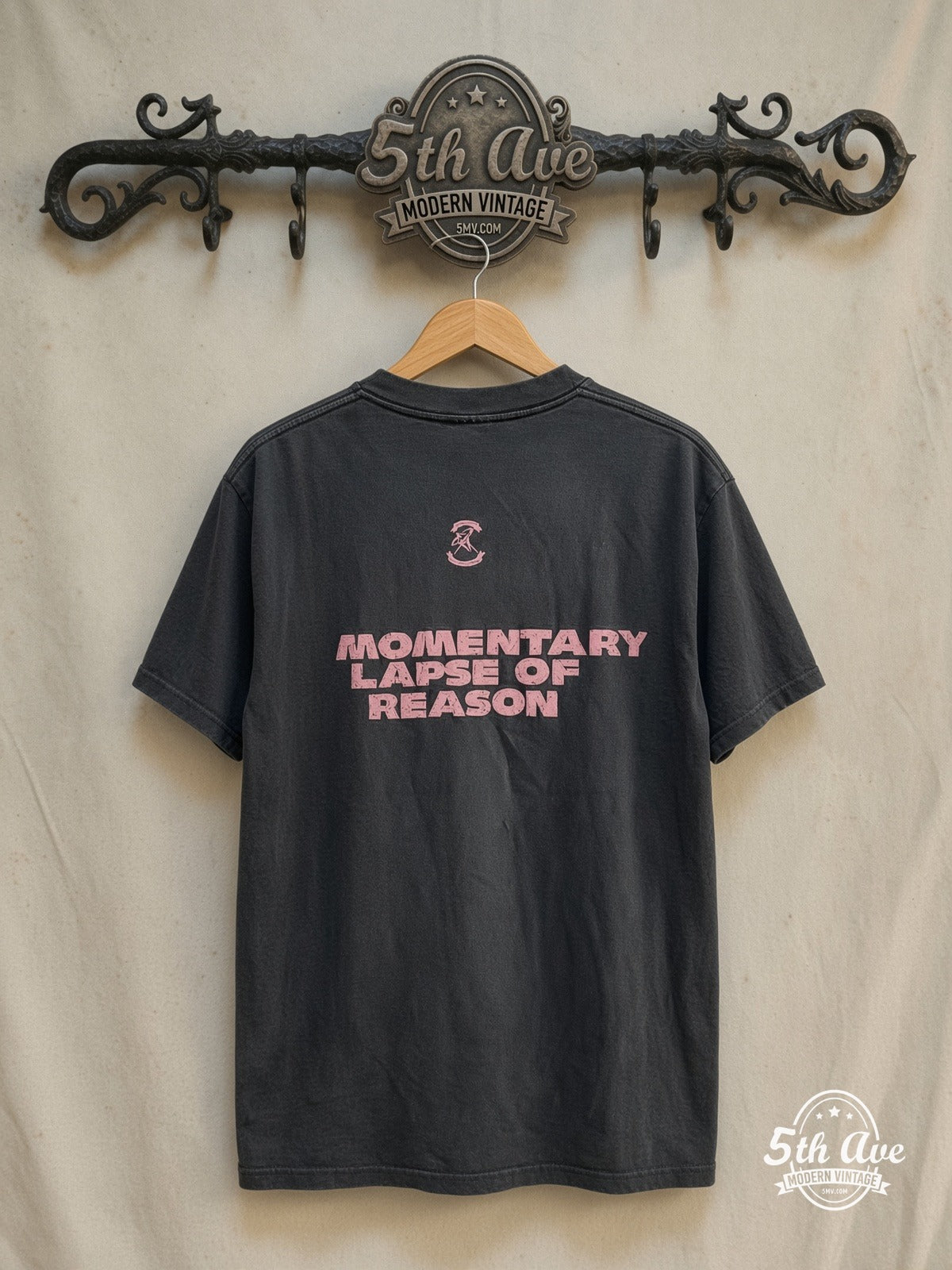 Pink Floyd – A Momentary Lapse of Reason – Vintage Band T-Shirt — back on locked cream ornate 5th Ave rack