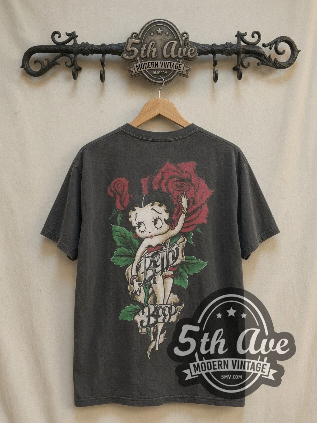 Betty Boop Cutie Tattoo Roses Black vintage cartoon tee in black, back view on a display rack