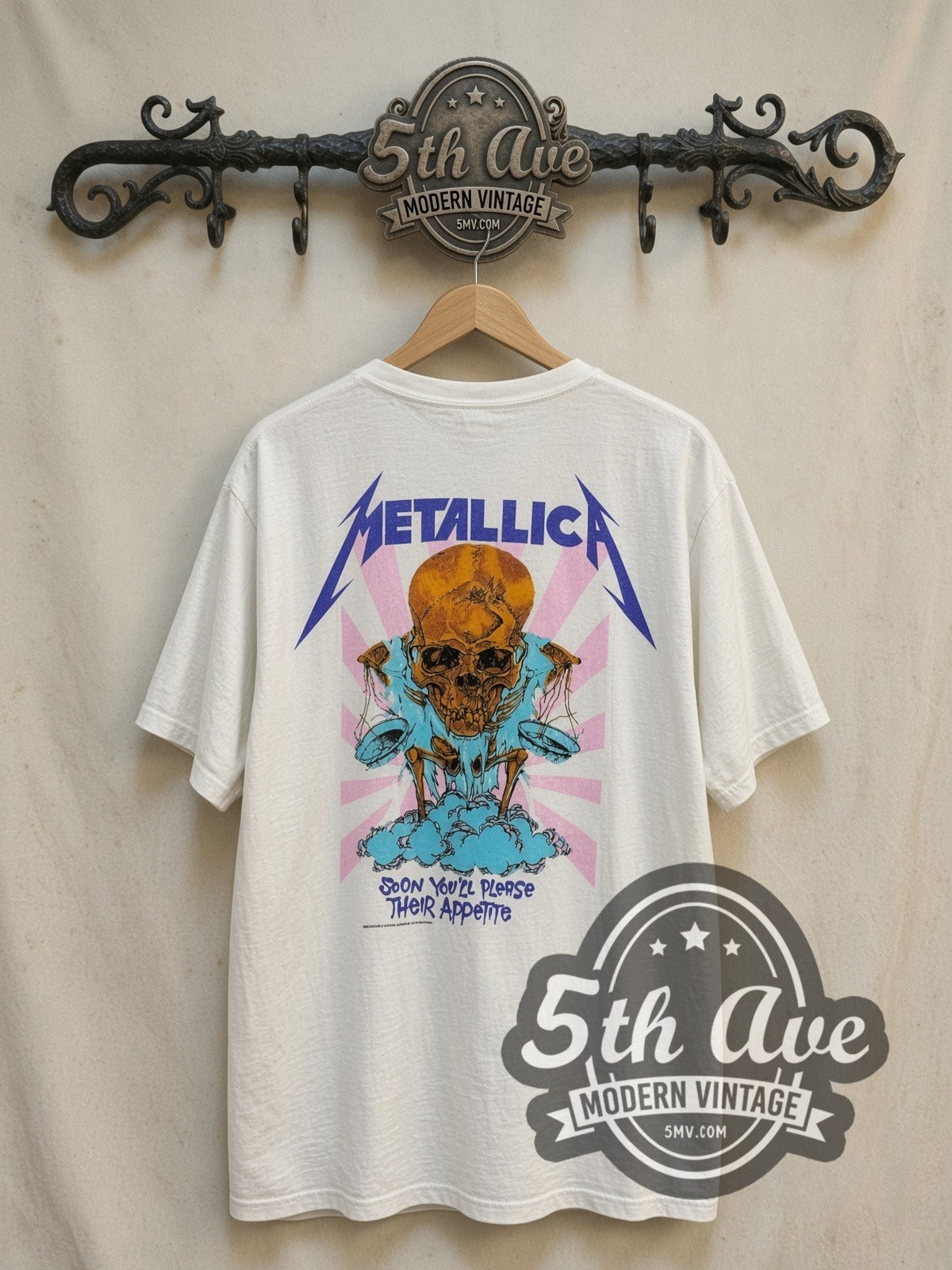 Metallica Their Money Tips Her Scales Again vintage band t-shirt, back view on the 5MV rack