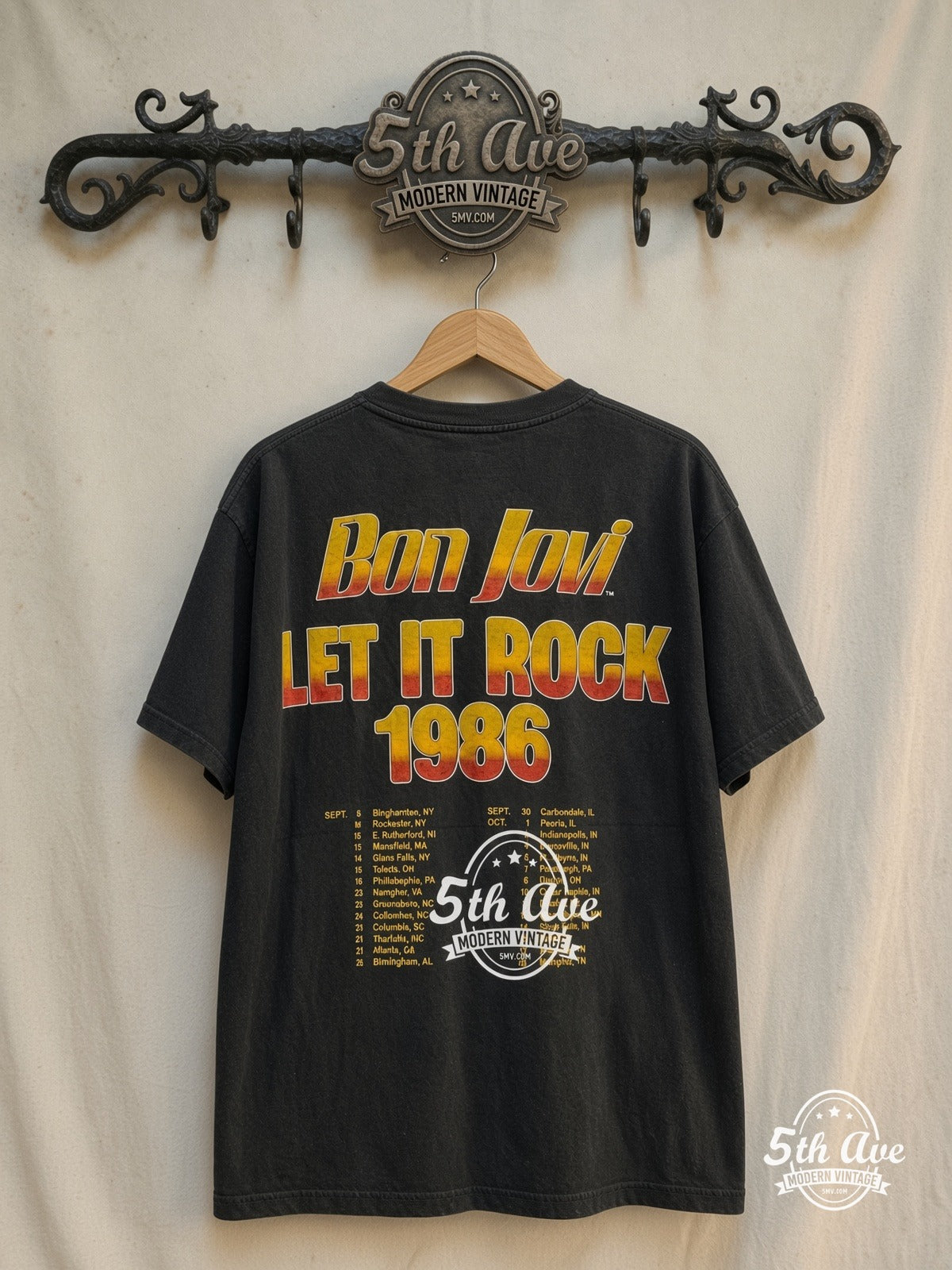 Bon Jovi – Slippery When Wet / Let It Rock 1986 – Vintage Band T-Shirt — back on locked cream ornate 5th Ave rack