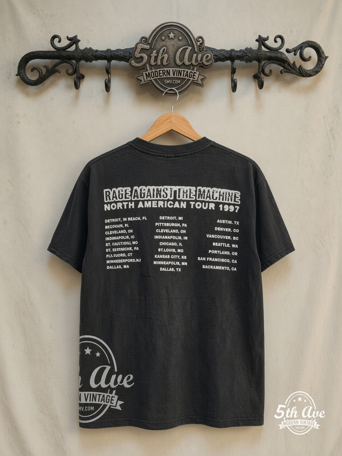 Rage Against the Machine – We Support Our Troops' North American Tour 1997 – Vintage Band T-Shirt — back on locked cream ornate 5th Ave rack