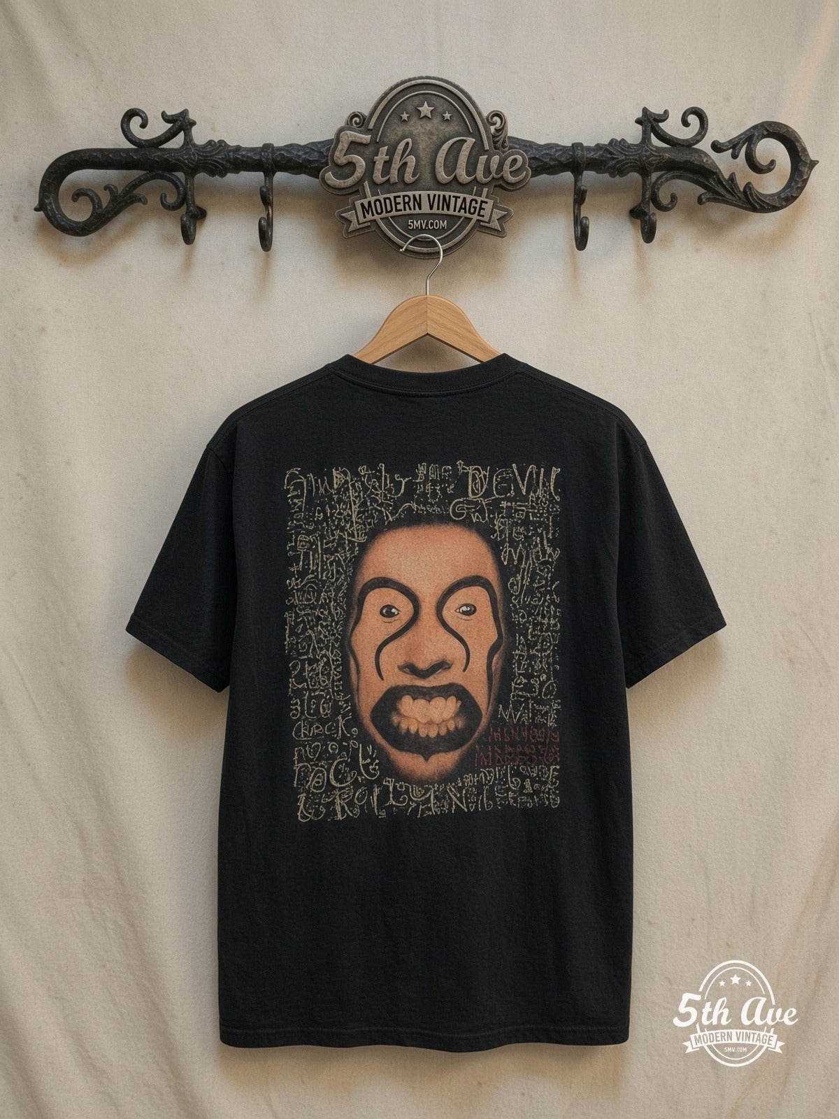 Marilyn Manson – Four Portrait Grid MM Emblem – Vintage Band T-Shirt — back on locked cream ornate 5th Ave rack