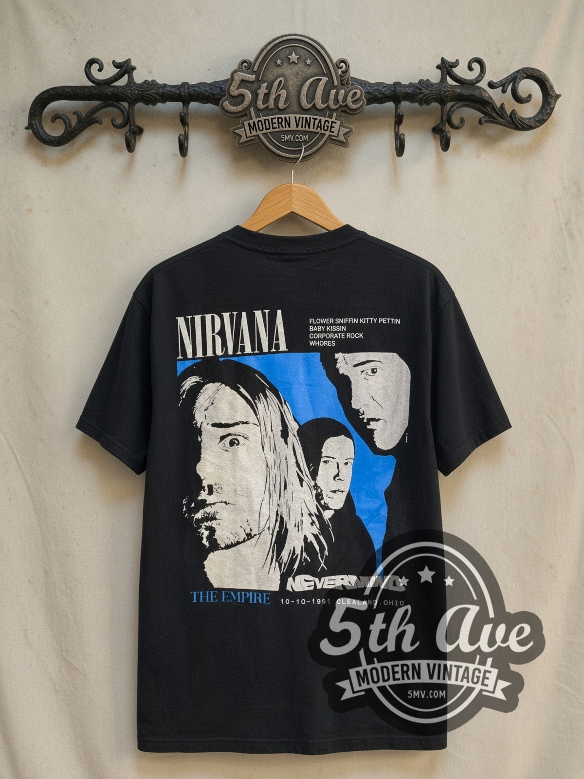 Nirvana Kurt Cobain Filmstrip Red Logo Tribute vintage band t-shirt in black, back view on the 5MV rack