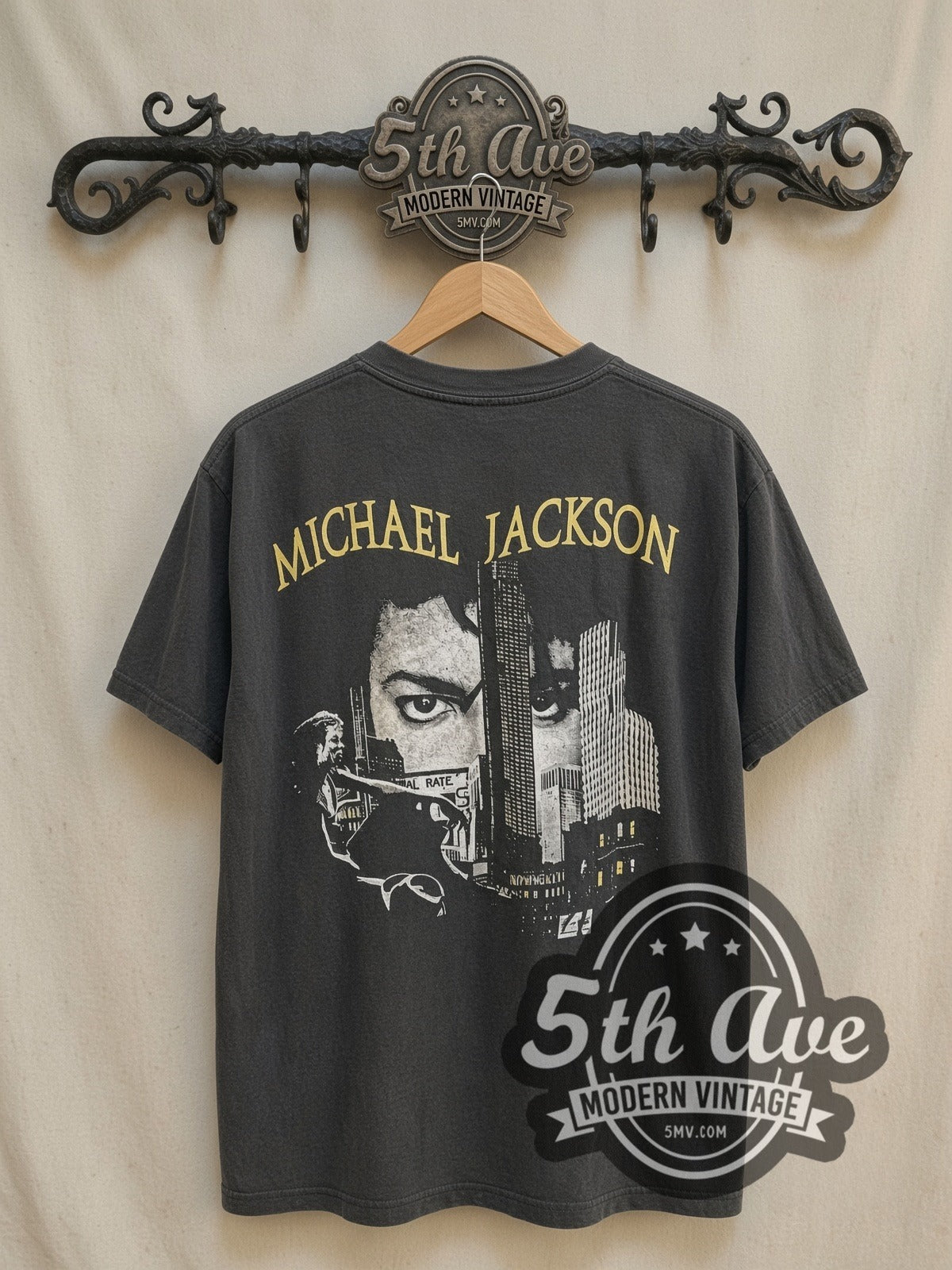 Michael Jackson Black or White Dangerous World Tour 1993 vintage band t-shirt in black, back view on a display rack