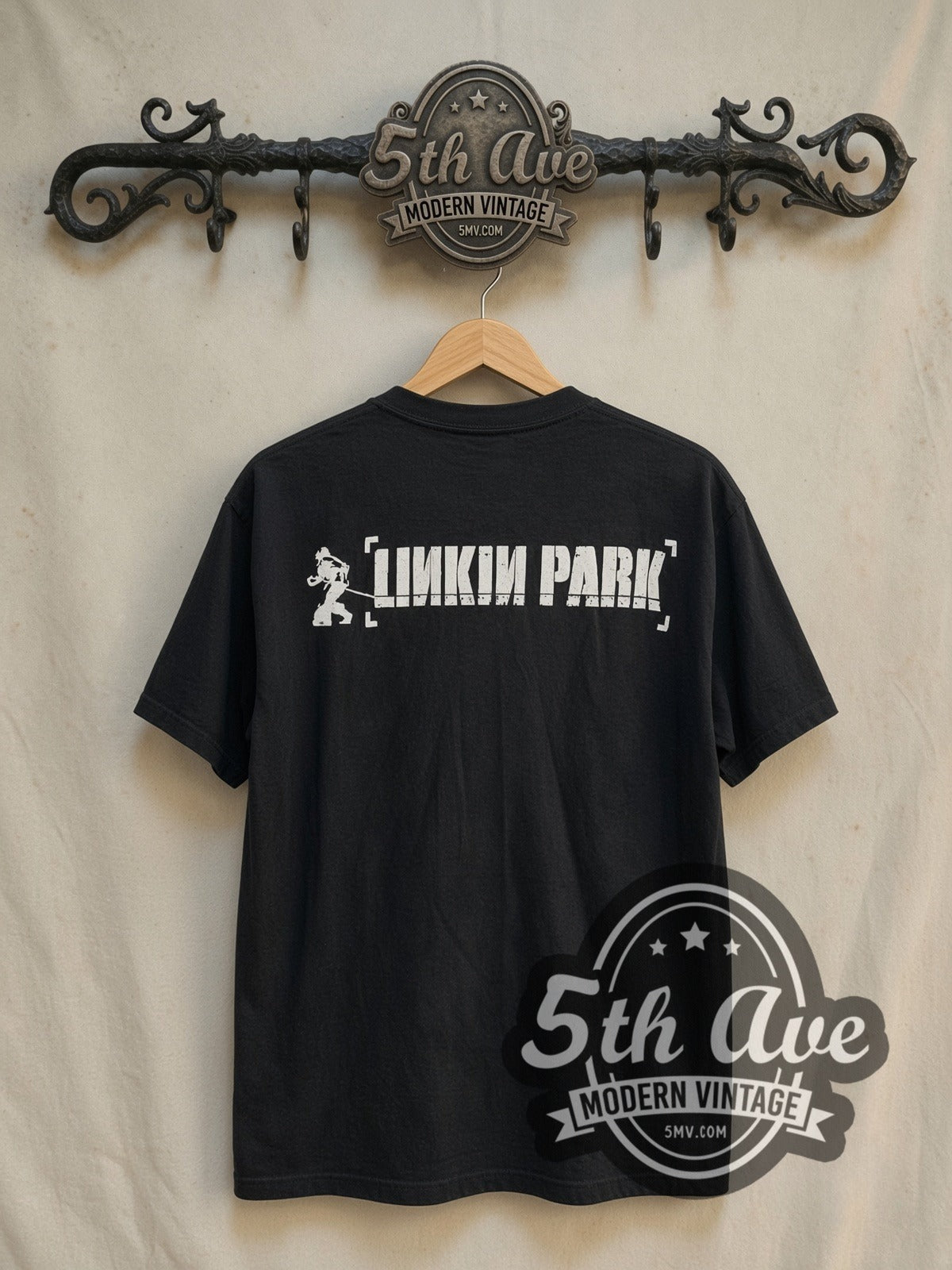 Linkin Park Hybrid Theory Soldier Red Flag vintage band t-shirt in black, back view on a display rack