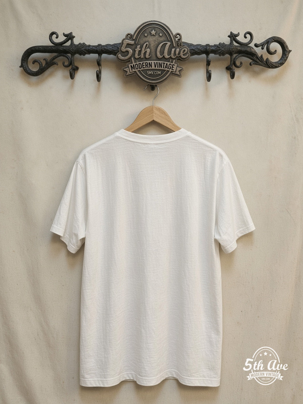 Run DMC – King of Rock – Vintage Band T-Shirt — back on locked cream ornate 5th Ave rack