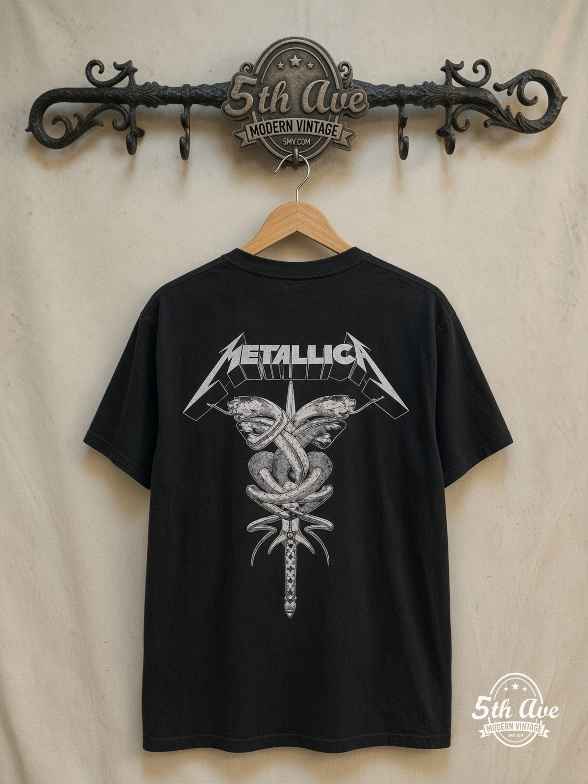 Metallica – Skulls '91-'92 – Vintage Band T-Shirt — back on locked cream ornate 5th Ave rack