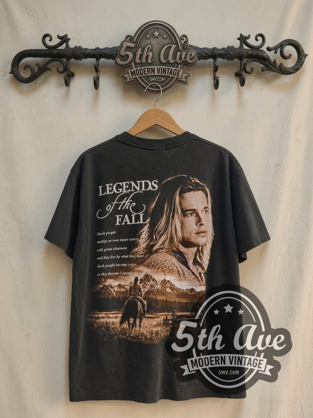 Legends of the Fall Tristan vintage graphic t-shirt, back view on a display rack