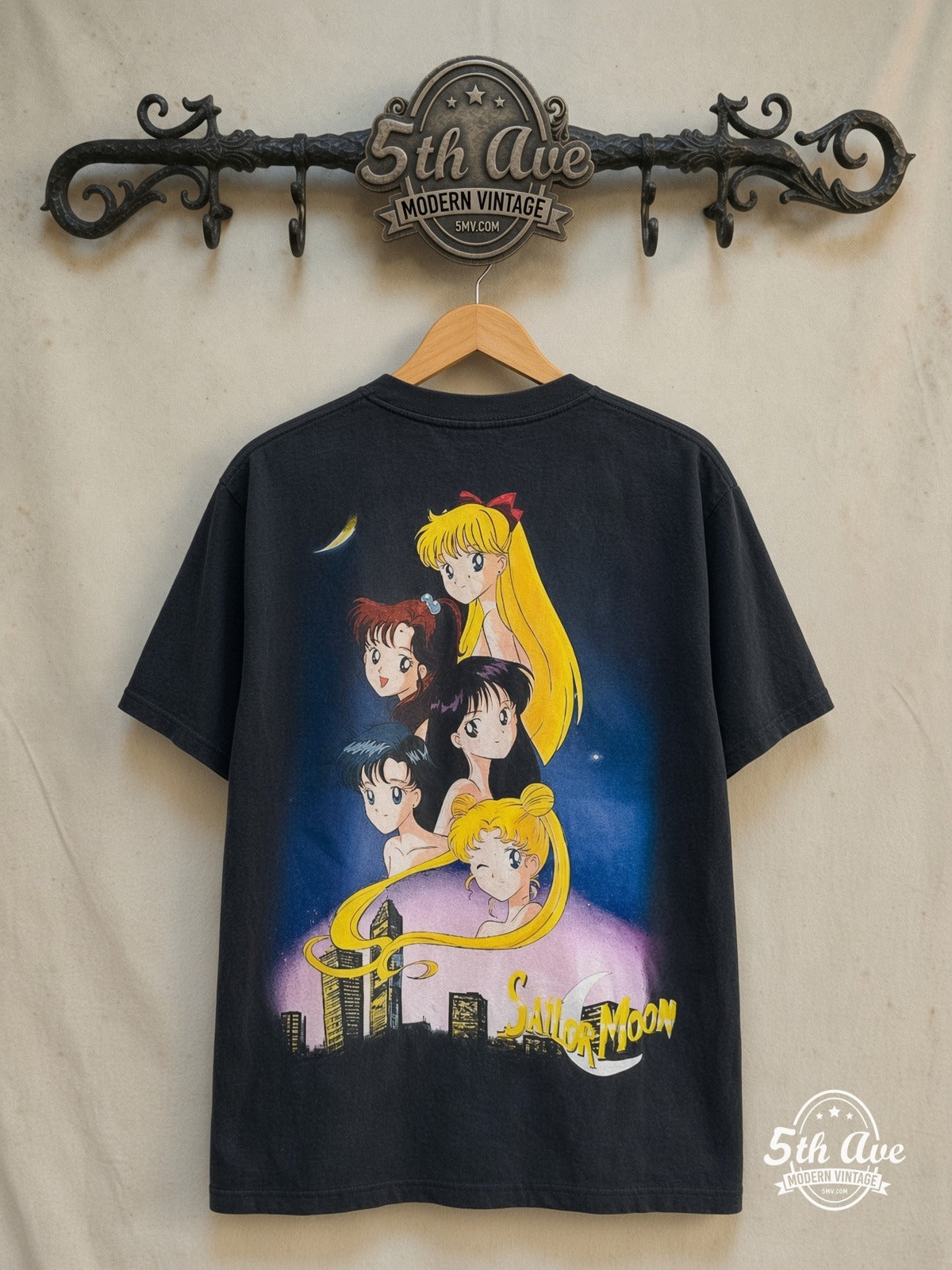 Sailor Moon – Five Sailor Guardians Transform – New Vintage Anime Tee — back on locked cream ornate 5th Ave rack