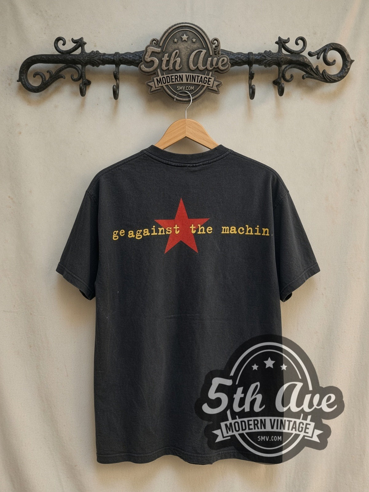 Rage Against the Machine Burning Monk Colored vintage band t-shirt in black, back view on the 5MV rack