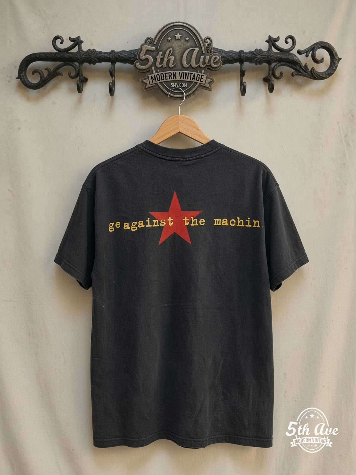 Rage Against the Machine – Burning Monk' Colored – Vintage Band T-Shirt — back on locked cream ornate 5th Ave rack
