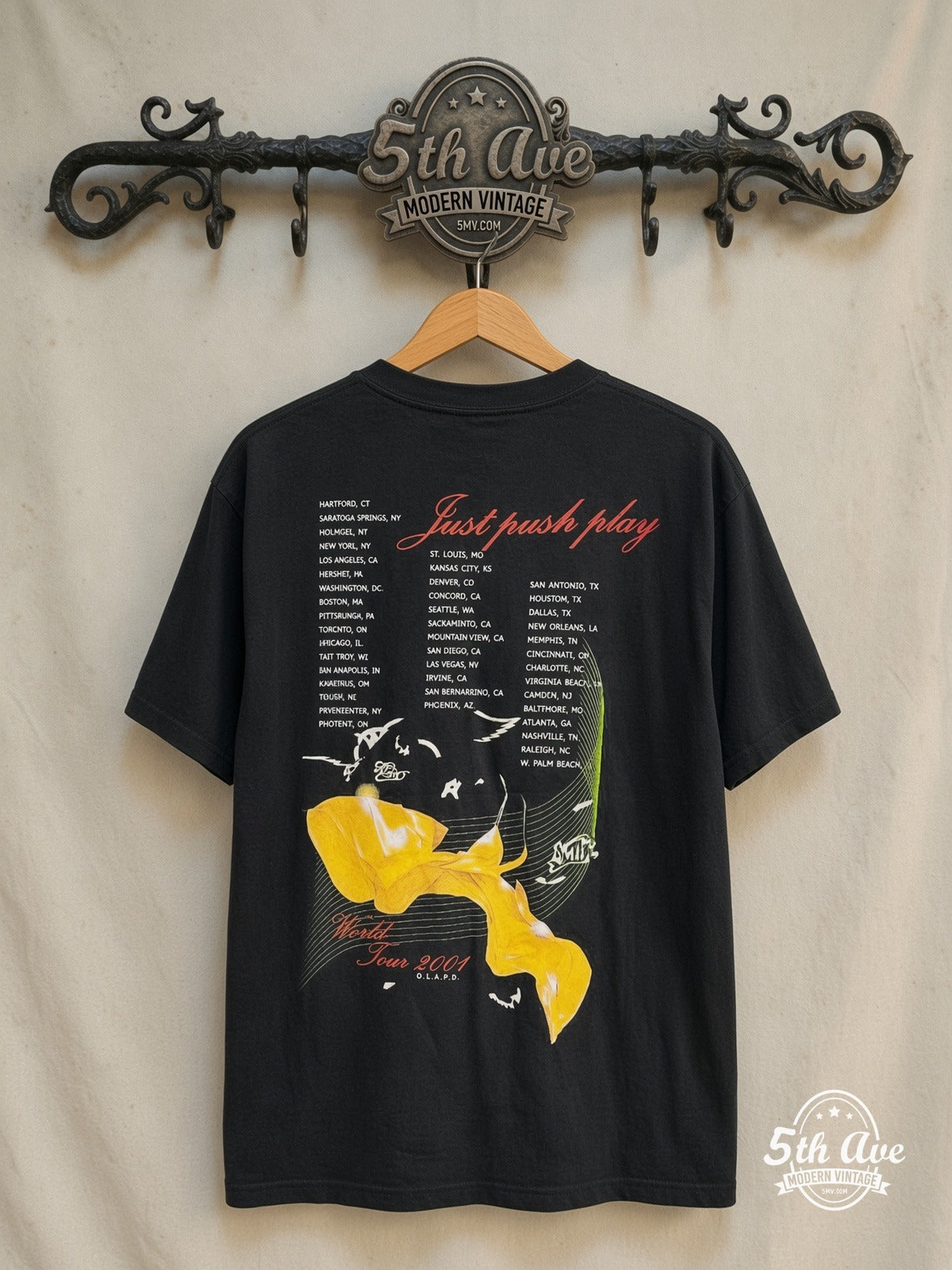 Aerosmith – Just Push Play Tour 2001 – Vintage Band T-Shirt — back on locked cream ornate 5th Ave rack