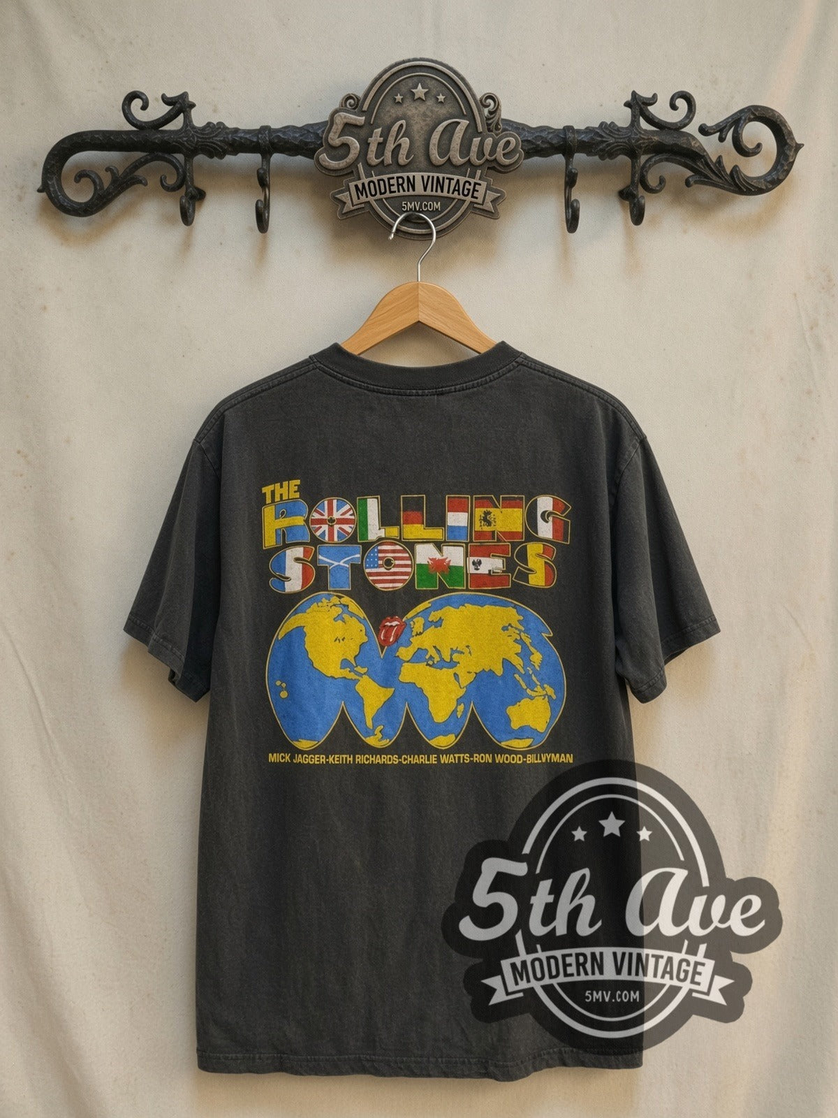 The Rolling Stones World Tour 1981-1982 vintage band t-shirt in black, back view on a display rack