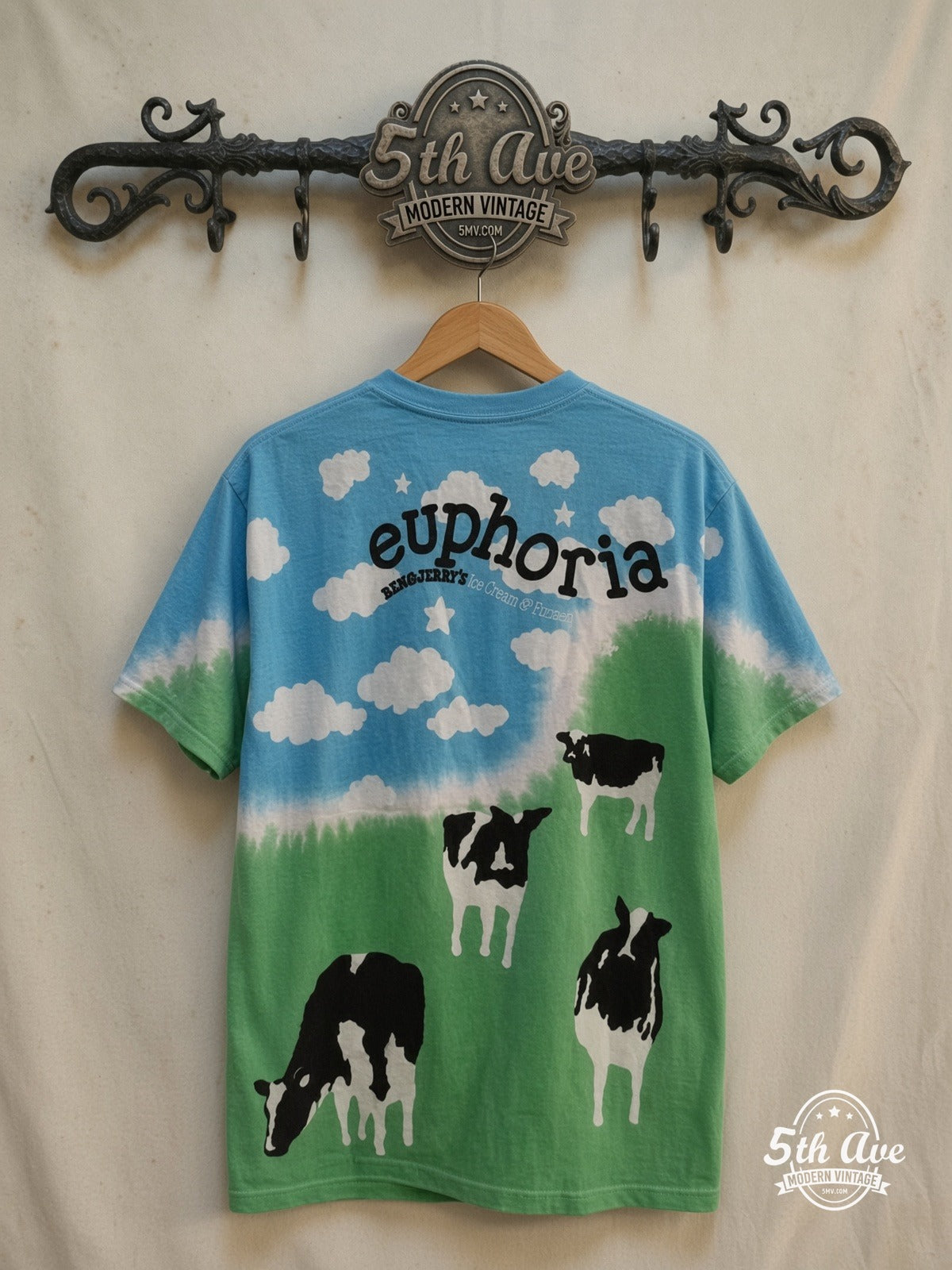 Ben & Jerry Euphoria all-over-print graphic tee, back view on a display rack