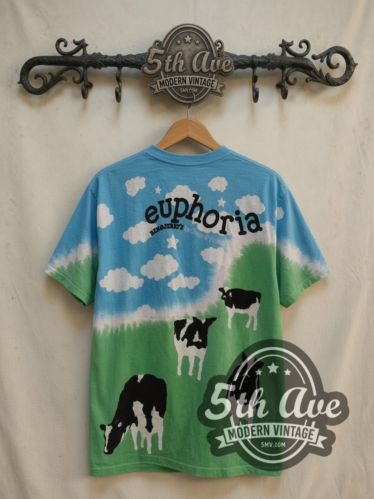Ben & Jerry Euphoria all-over-print vintage graphic tee, back view on a display rack