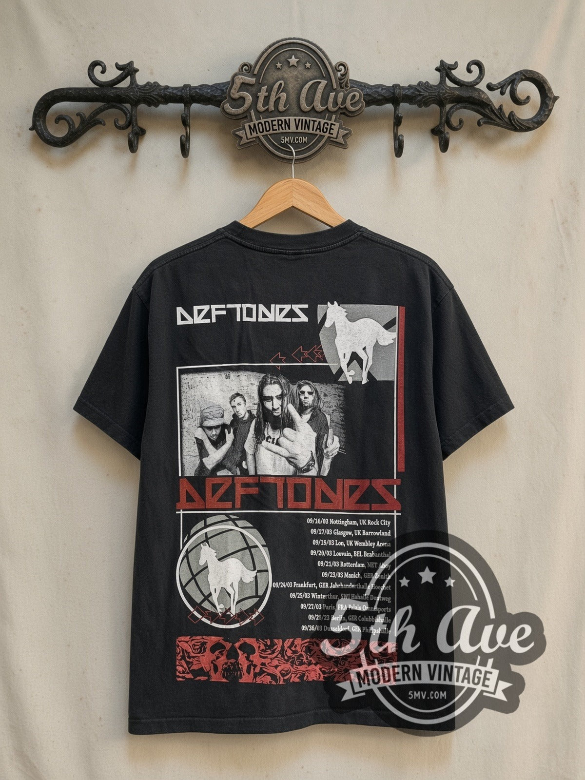 Deftones Tour 2003 vintage band t-shirt in black, back view on a display rack