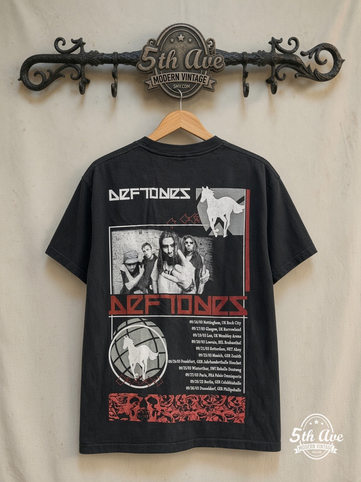 Deftones – Tour 2003 – Vintage Band T-Shirt — back on locked cream ornate 5th Ave rack