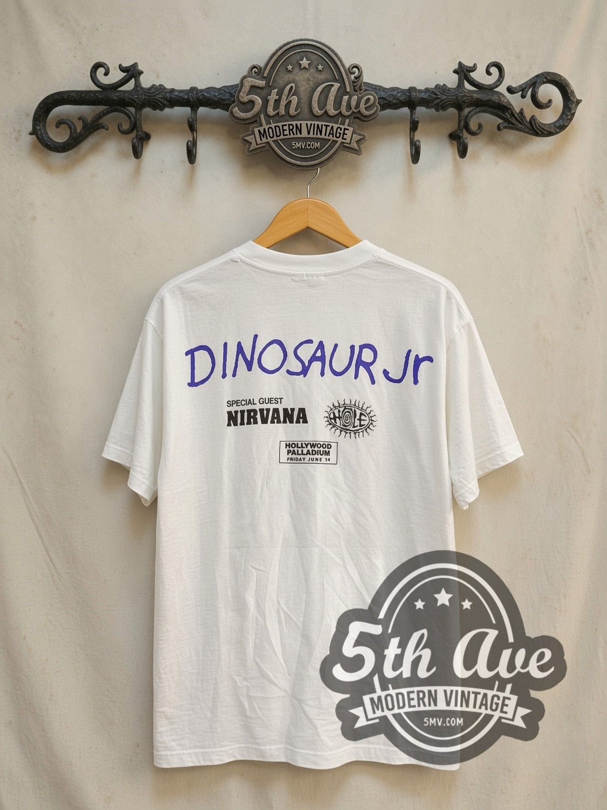 Dinosaur Jr. 'With Special Guests NIRVANA' vintage band t-shirt in white, back view on the 5MV rack