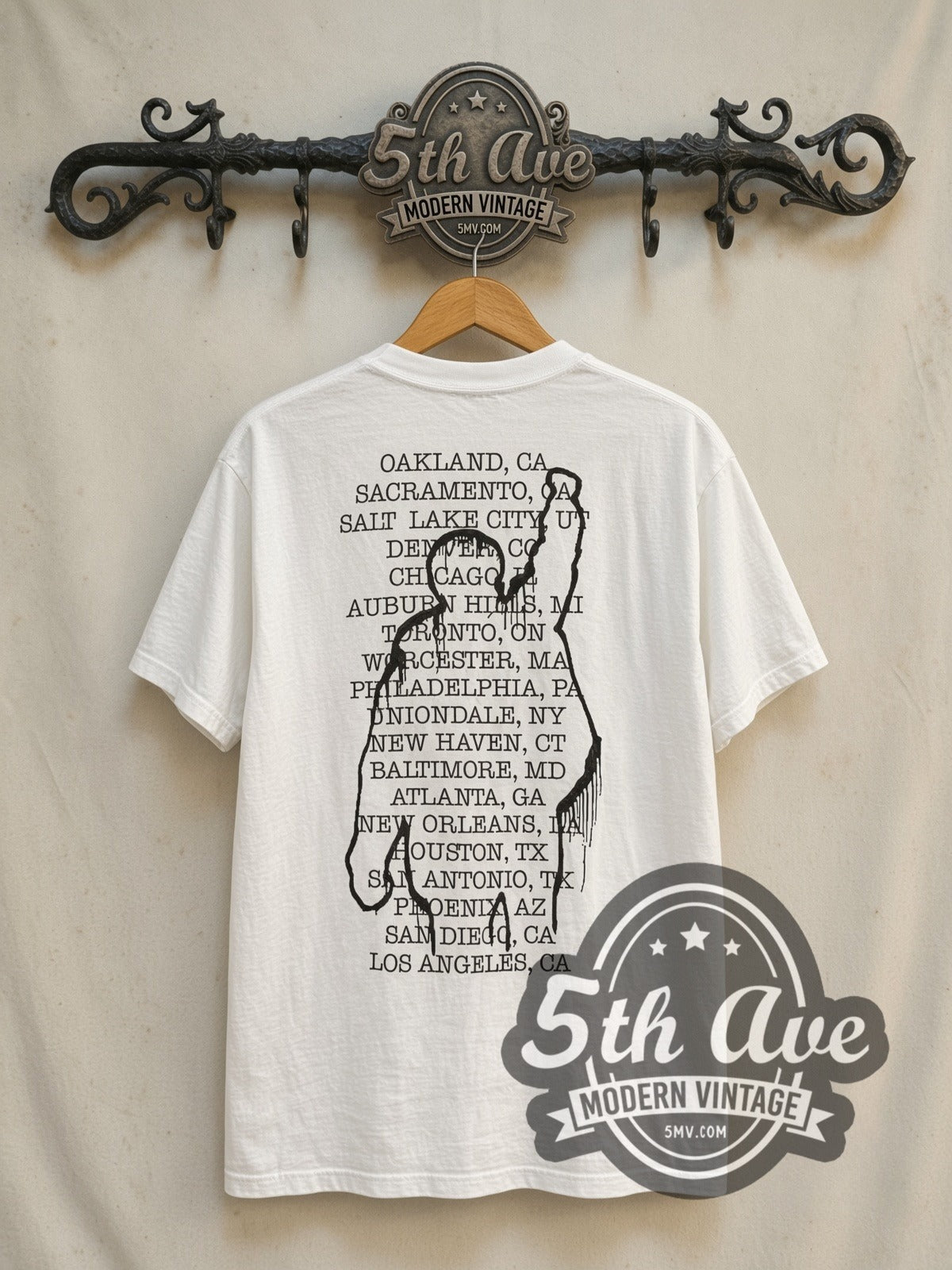 Rage Against the Machine The Battle of Los Angeles Blue City List vintage band t-shirt in white, back view on the 5MV rack