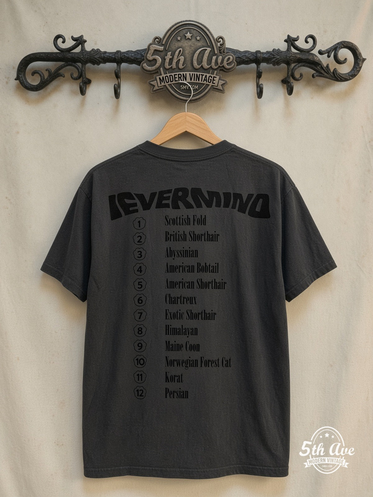 Nirvana – Nevermind Kitten Parody Cat Breeds Black – Vintage Band T-Shirt — back on locked cream ornate 5th Ave rack